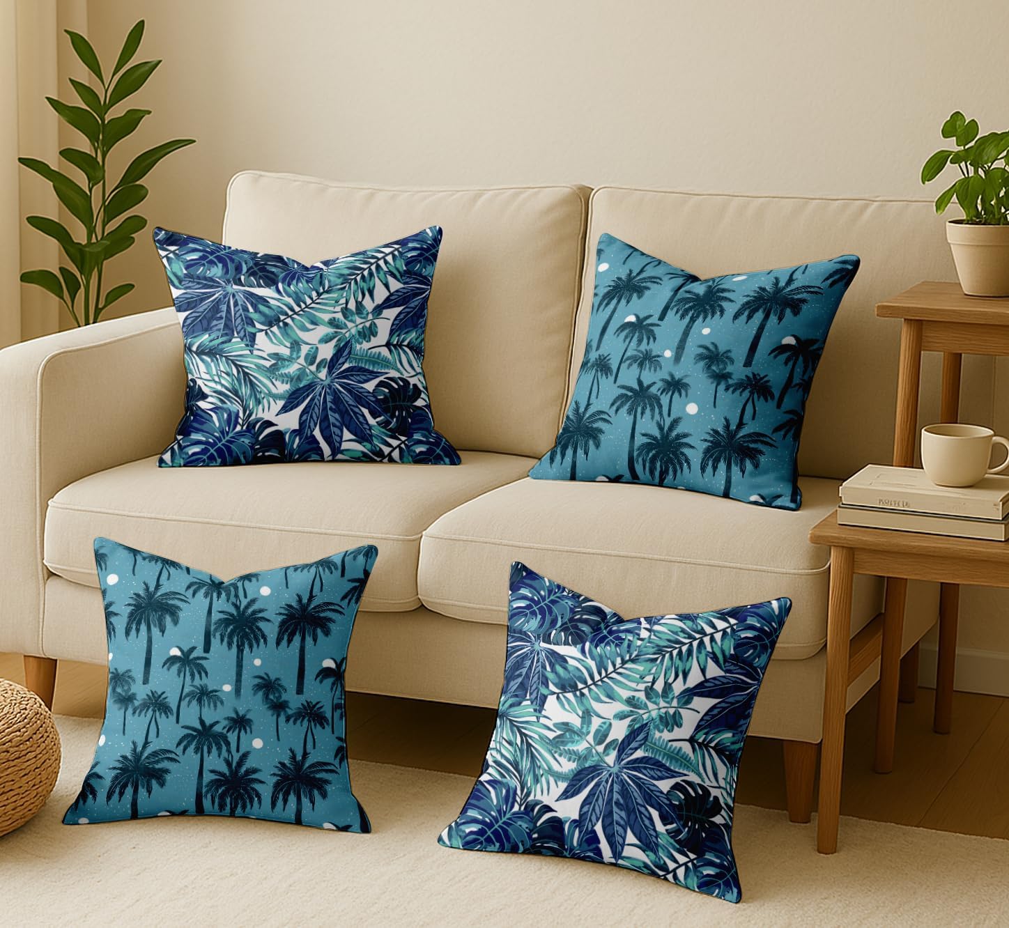 Cotton Cushion Covers Set of 4-16x16 Inch, Tropical Print, Double-Sided Printed Throw Pillow Covers with Hidden Zipper - No Filler - Blue