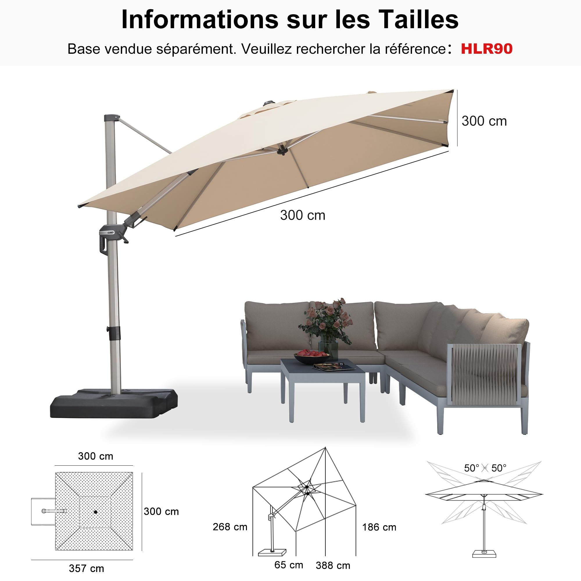PURPLE LEAF Parasol Déporté 3 x 3 m Carré, Inclinaison Bilatérale et Rotation à 360°, Parasol Résistant au Vent, 8 Baleines en Aluminium Champagne, Toile anti-UV, Pour Patio, Terrasse, Piscine, Beige