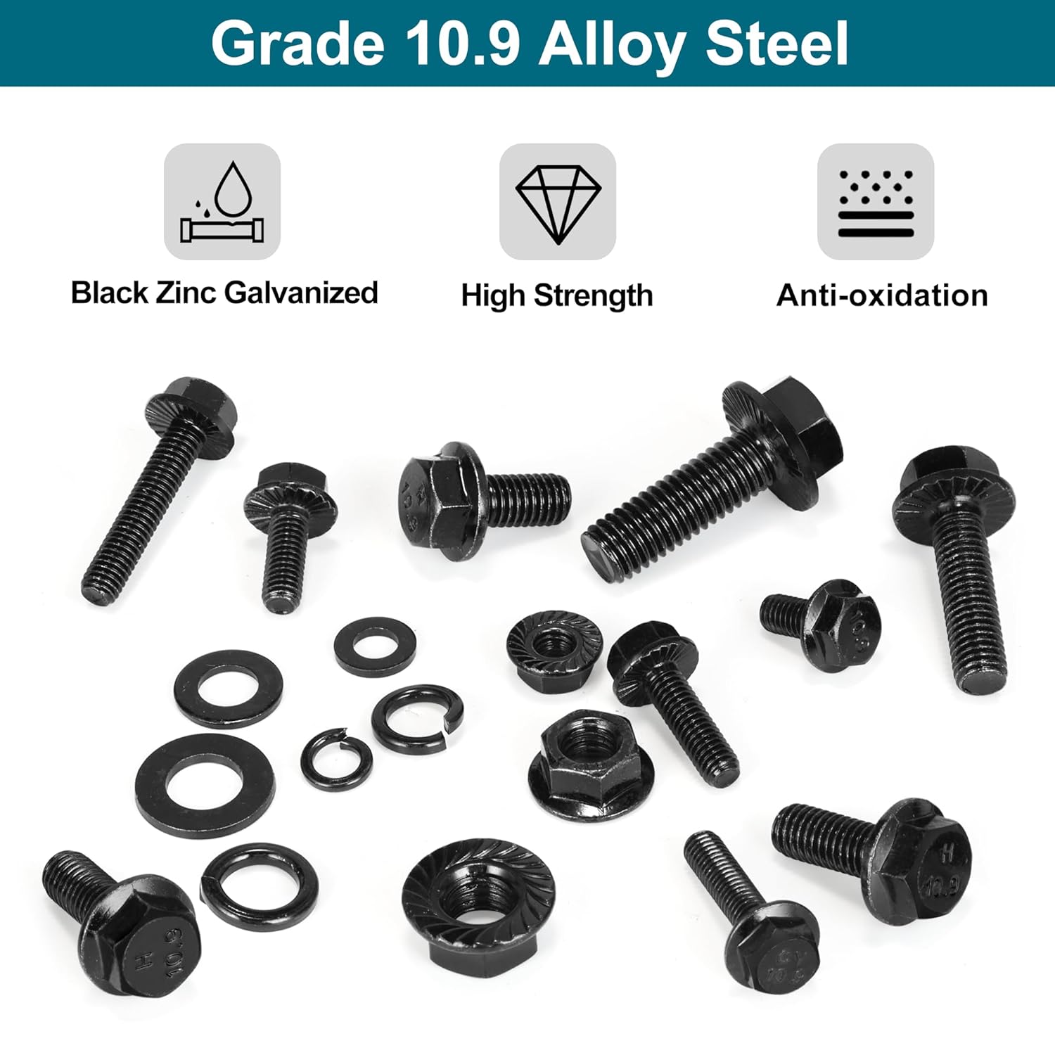 SATANTECH 272Pcs Flange Hex Bolts and Nuts Kit,M6 Bolt,M8 x1.25 Bolts,M10-1.5, Metric Bolt Assortment,Alloy Steel Class 10.9 Black Zinc Plated,Full Coarse Thread (12mm to 30mm)