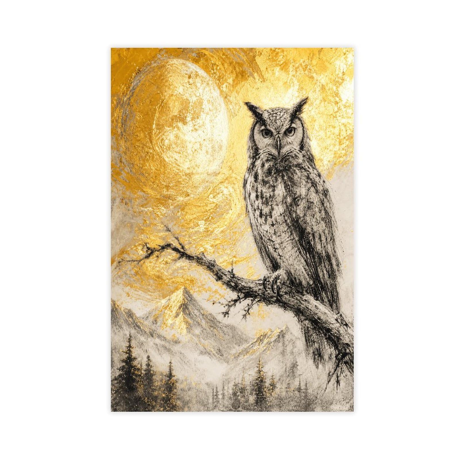 W7c8u2x3 Unframe-Style-10 Owl On Golden Moon Branch Canvas Wall Art, Moonlit Stage Office