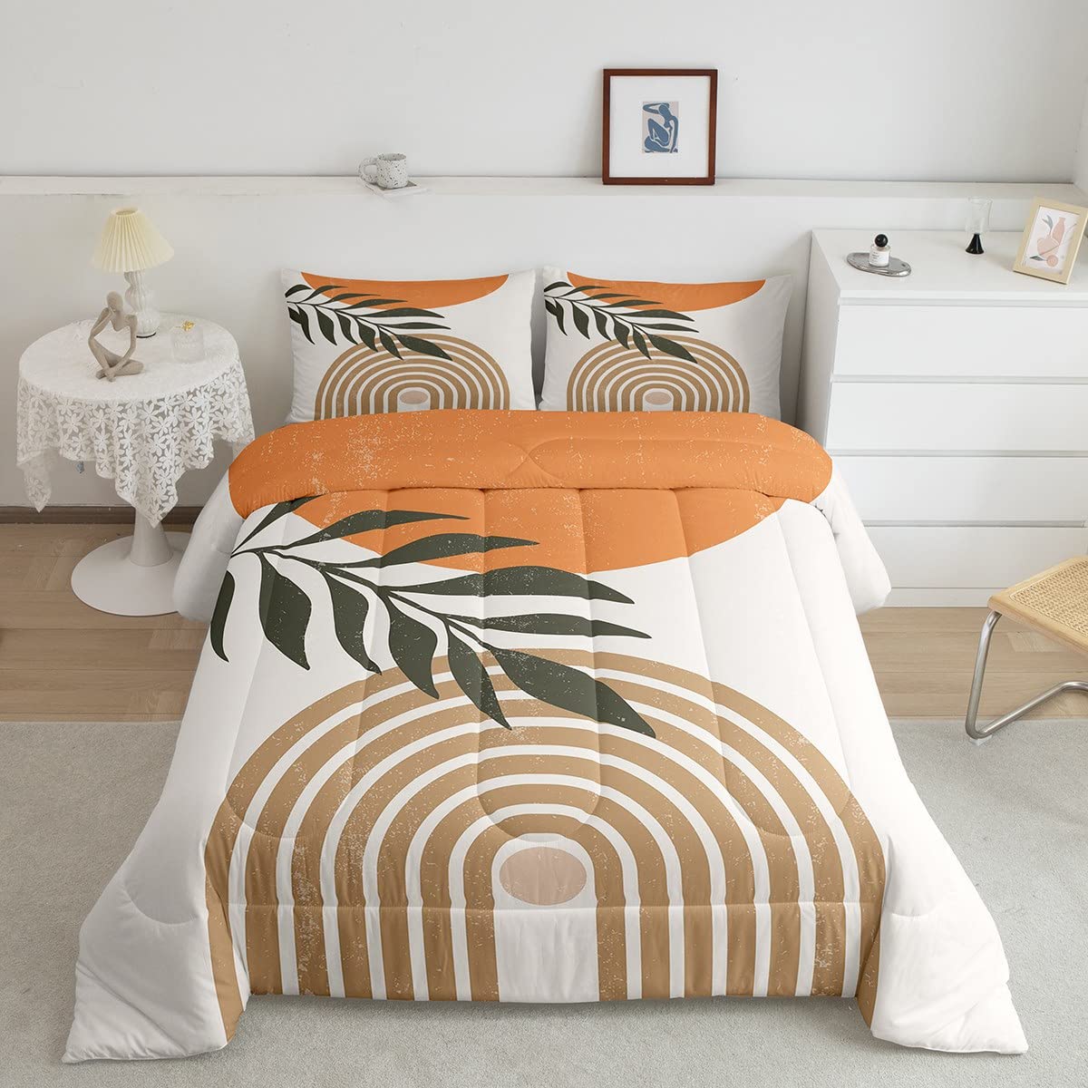 Sun Moon Abstract Comforter Set King Size,Boho Exotic Leaves Plants Bedding Set for Kids Girls Home Bedroom Decor,Modern Line Art Down Comforter,Sunrise Sunset Vintage Duvet Insert,2 Pillowcases