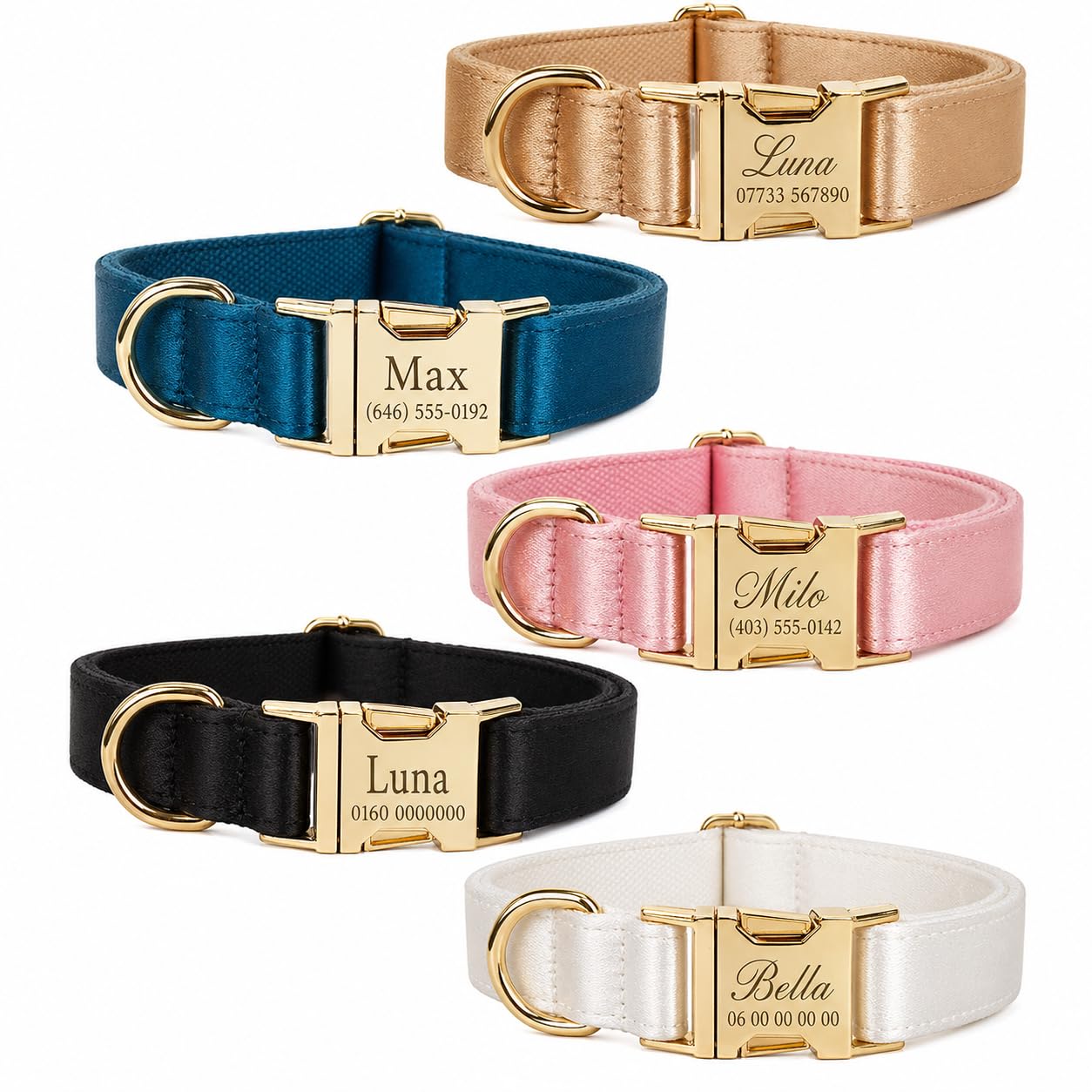 Kiyanest Personalised Velvet Dog Collar, Adjustable Custom Pet Collar with Name and Phone Number, Metal Buckle Colour Options, Collar Lead Harness or Bow Set