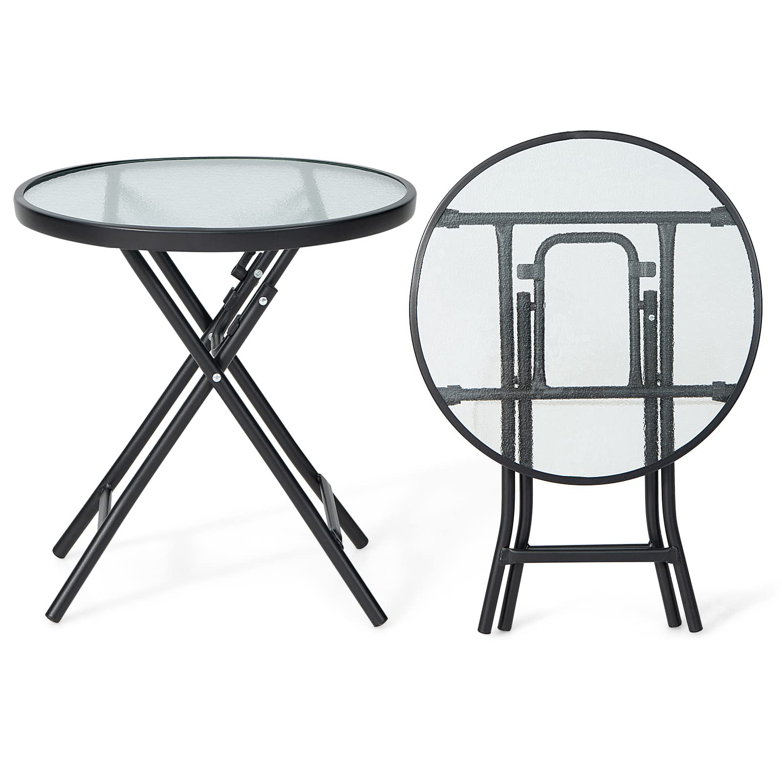 RELAX4LIFE Patio Side Table, 46cm Folding Outdoor Coffee Table with Tempered Glass Tabletop, X-Shaped Metal Frame Portable Dining Table Bistro End Table for Backyard Poolside Balcony (Round)