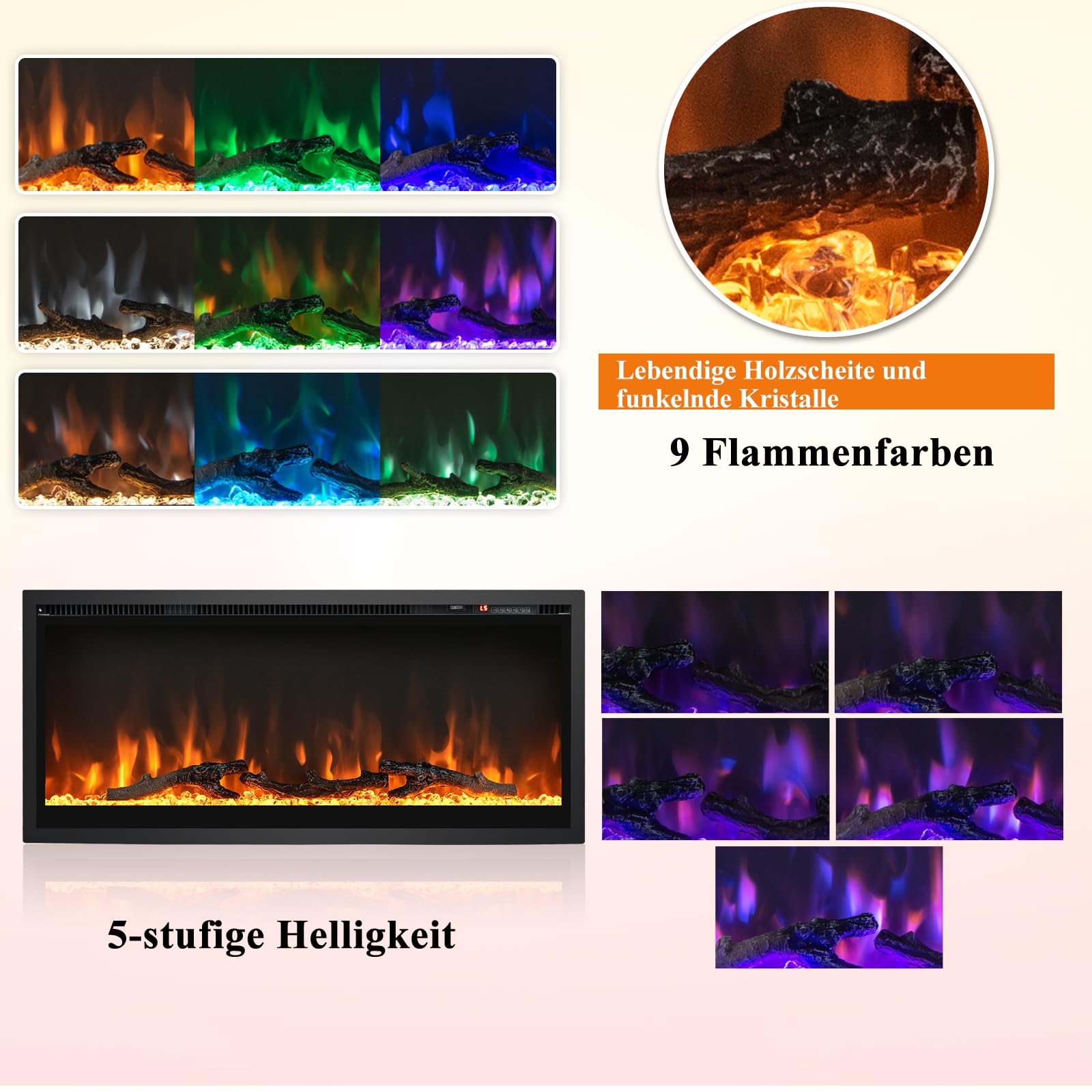 RELAX4LIFE 36" Elektrokamin mit heizung, 750W/1500W, schwebender Kamin mit 9-farbig 3D-Flammeneffekt & 5 Helligkeitsstufen, Deko Wandkamin mit Fernbedienung & Touchscreen & 8H Timer, 18℃-28℃, Schwarz