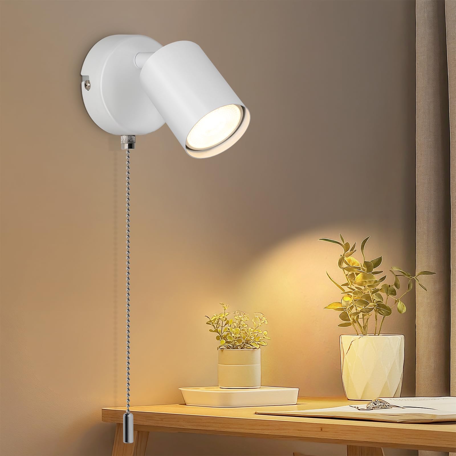 Ketom Adjustable Wall Light with Pull Cord Switch, GU10 Modern Wall Sconce Lights White, Wall Spotlight Fixtures