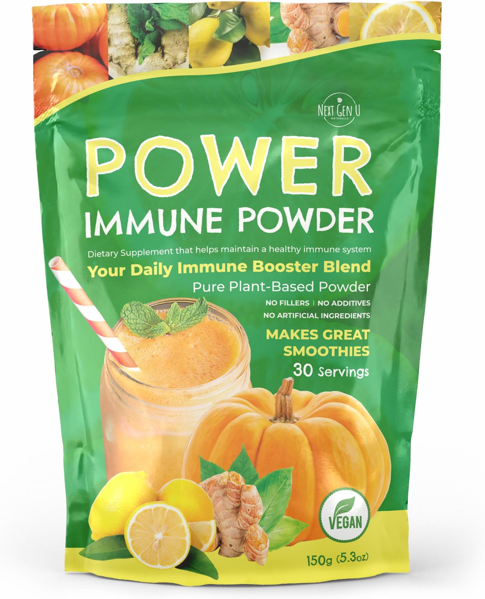 Organic Super Immune Powder 150g | Vegan Superfood Smoothie Mix Powder | Nutrient Dense Formula Supports Immune System & Provides Nutrient Body Needs | Includes Pumpkin Protein Ashwagandha & Many More