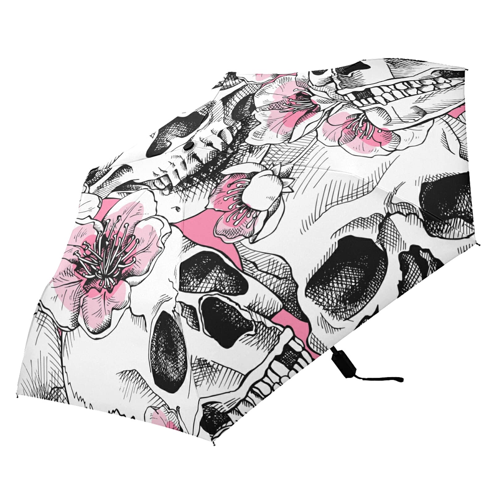 Poeticcity Cherry,White Seamless White Skulls With Pink Cherry Flowers Pattern Lightweight Folding Umbrella, Portable Sun Travel Parasol, Compact Anti-Uv Strong Rain Umbrella