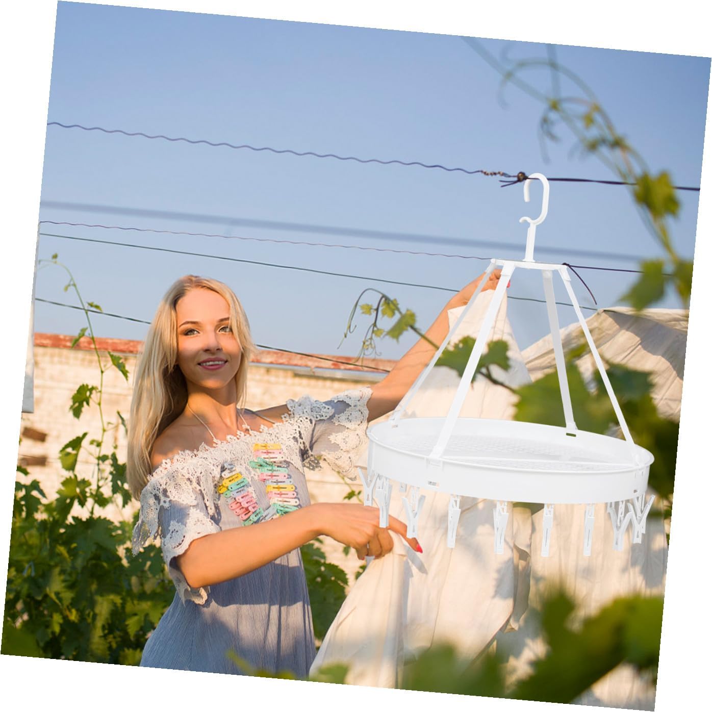 Uonlytech Foldable Multipurpose Clothes Drying Hanger Rack with Windproof Hooks, Single Layer White Socks and Underwear Drying Holder for Balcony Indoor Laundry