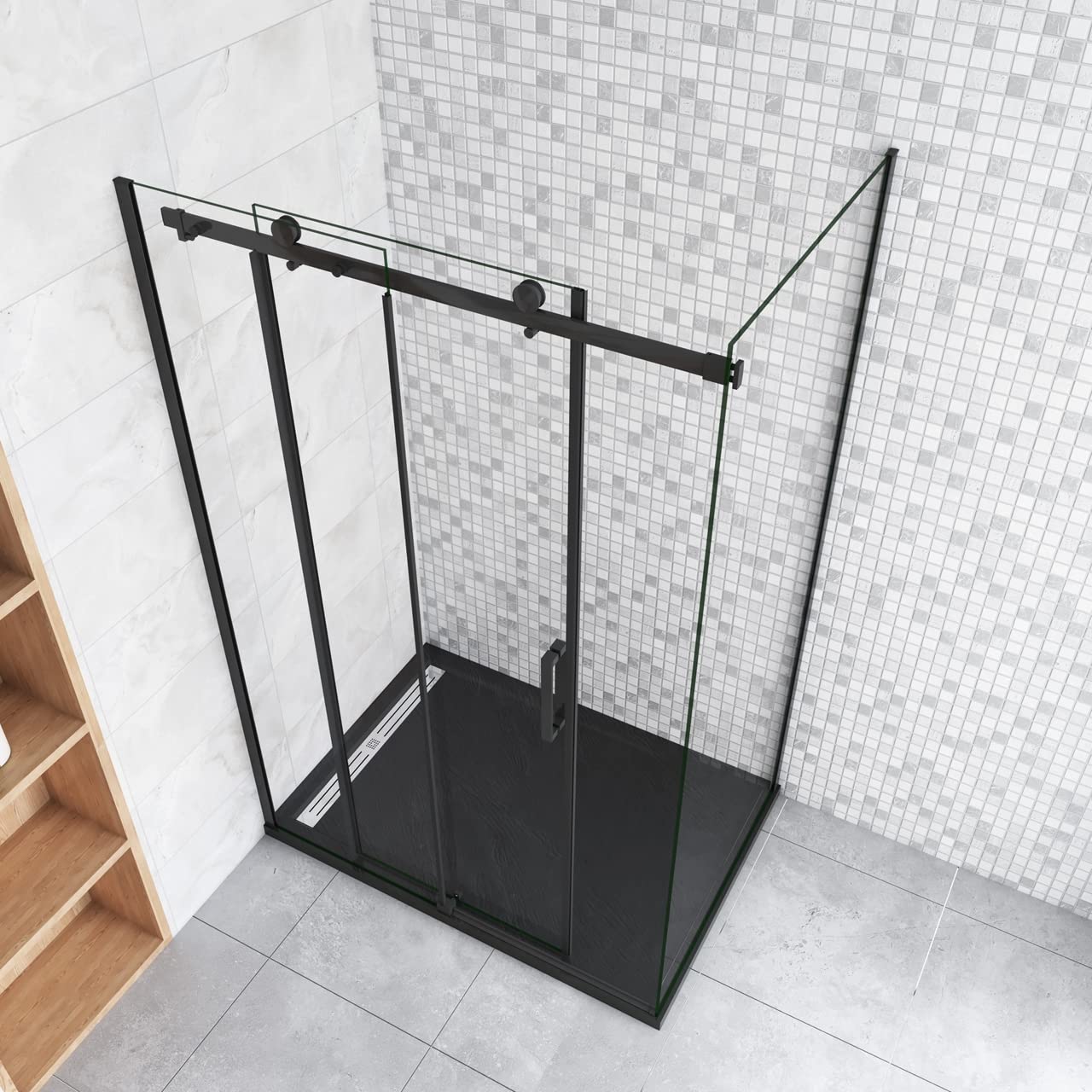 200cm Box Doccia Angolare Scorrevole 120cm 80cm Vetro 8mm | Parete Anticalcare, Trasparente Vetro Temperato, Telaio Nero Opaco