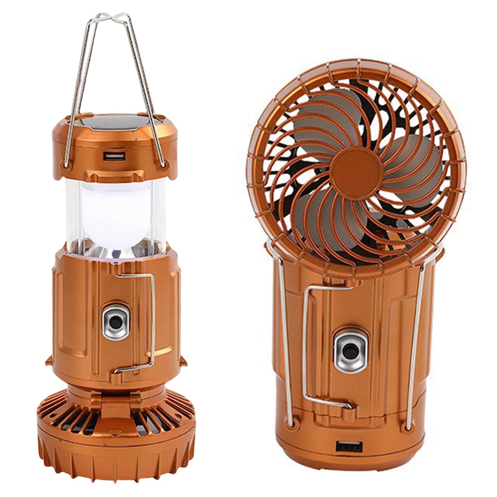 Pufei 2-in-1 Solar Light and Portable Fan, Folding Camping Lantern with Bright LED, USB/Solar Rechargeable for Outdoor Camping Fishing Emergency, Portable Gear (Gold)