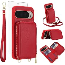 Phone Case for Google Pixel 9 Pro XL Wallet Cell Cover with Tempered Glass Screen Protector Crossbody Strap Lanyard Stand RFID Blocking Credit Card Holder Pixel9 9Pro 9ProXL Nine Women Men Girls Red