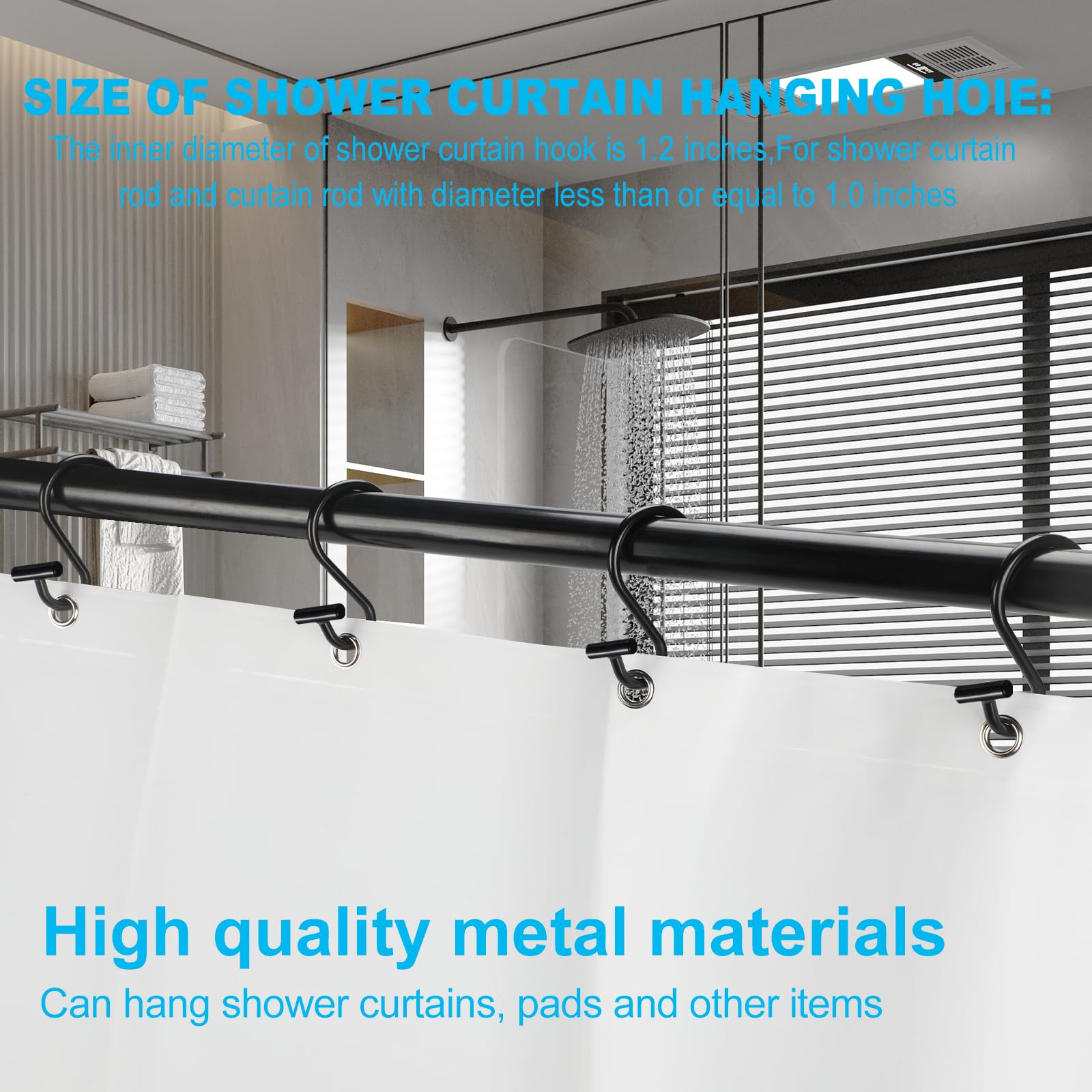 BellRhein Shower Curtain Hooks Rings, 12 Pack Metal S Hooks Rust Proof for Hanging Bathroom Shower Curtain Liner/Outer Curtains, Clothing Jeans Plants Hooks (Black Straight Stick)