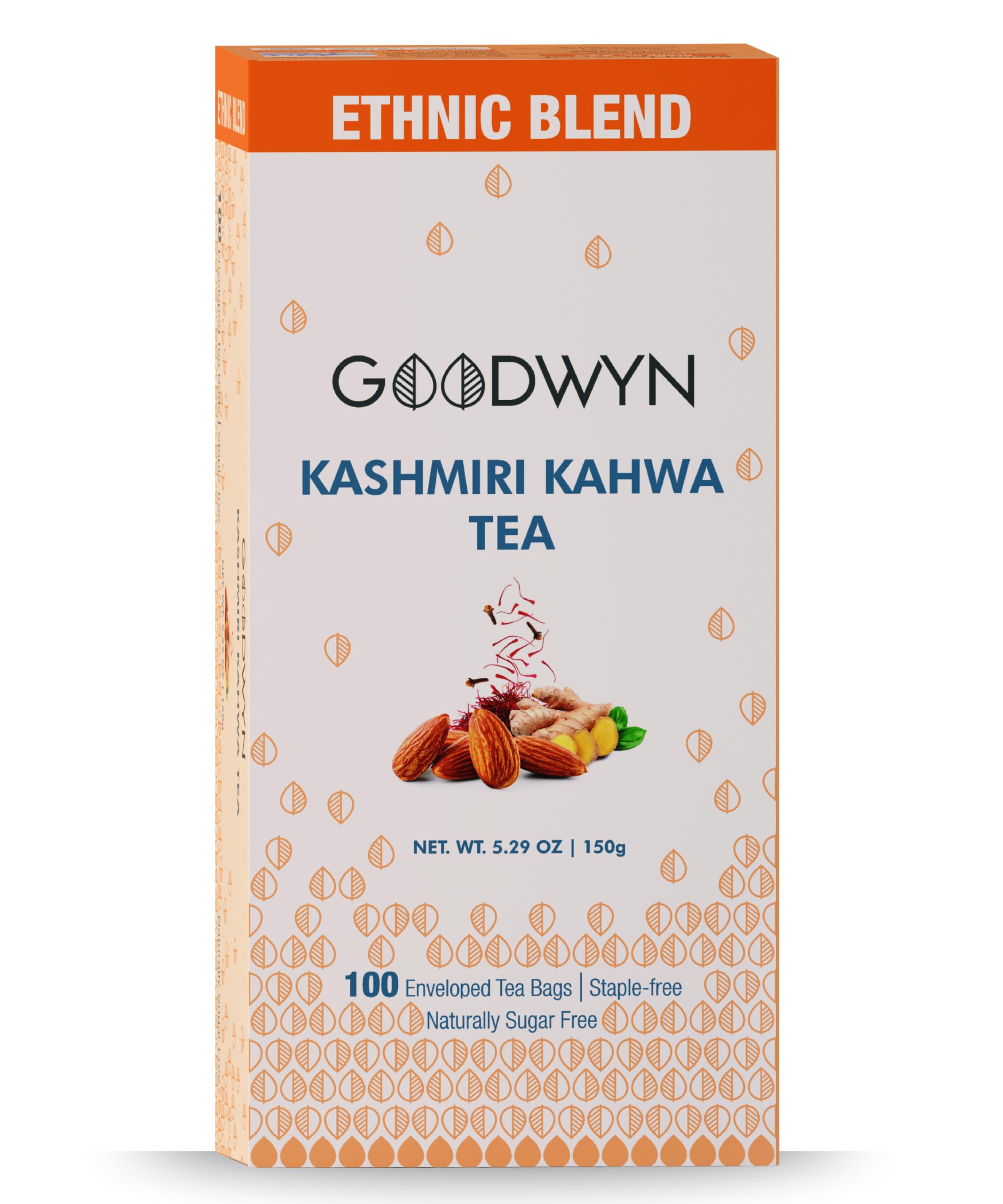 Goodwyn Kashmiri Kahwa Green Tea – 100 Individually Wrapped Tea Bags | Desi Kahwa, Kashmiri Chai, Saffron ,Cardamom Tea & Ginger Tea Blend with Natural Indian Spices | Low Caffeine, Sugar Free Herbal Qahwa | Plastic Free & Travel Friendly | Authentic Indian Chai