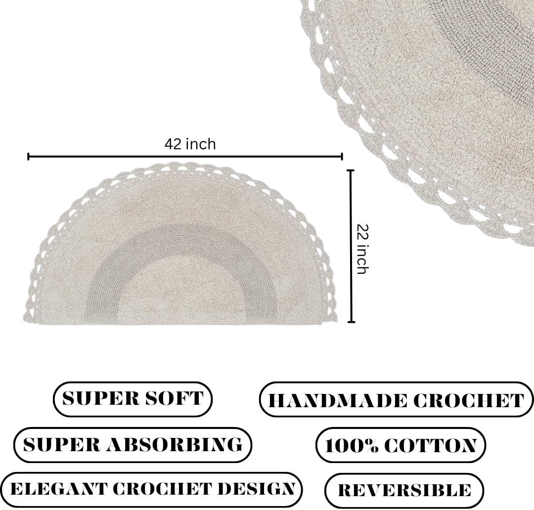 Savi Home Half Circle Bohemian Bathroom Rug with Handwoven Chrochet Border, Beautifully Handcrafted 100% Cotton Mat - 22x42, Round Boho Bedroom Rug, Boho Bathroom Décor, Machine Washable - Beige