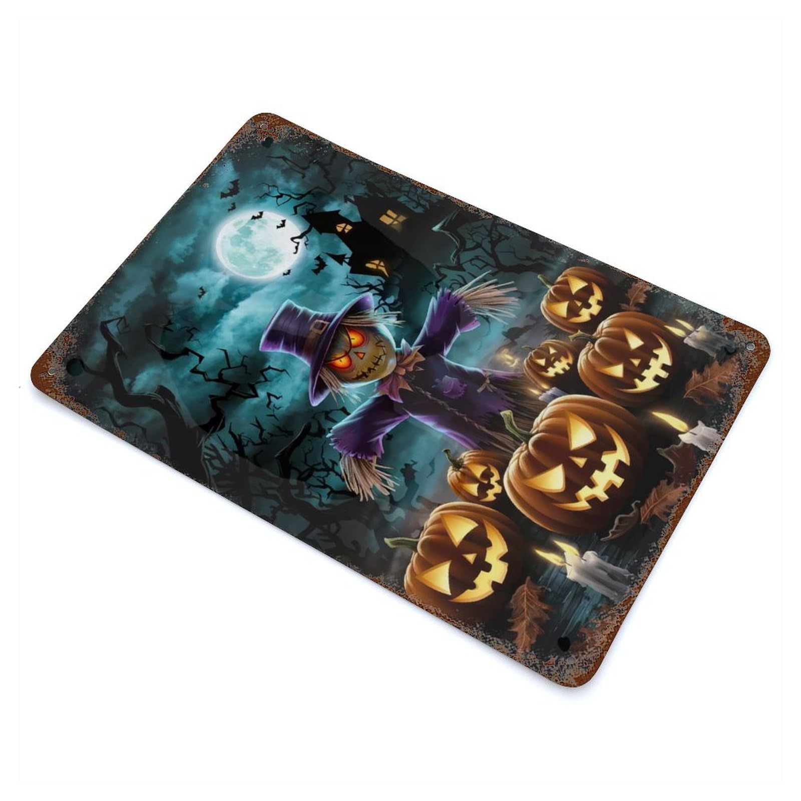 Halloween Scarecrow 11.8"x7.9" Rustic Tin Plaque, Farmhouse Wall Decor for Basement, Hobby Room And Garage Decor