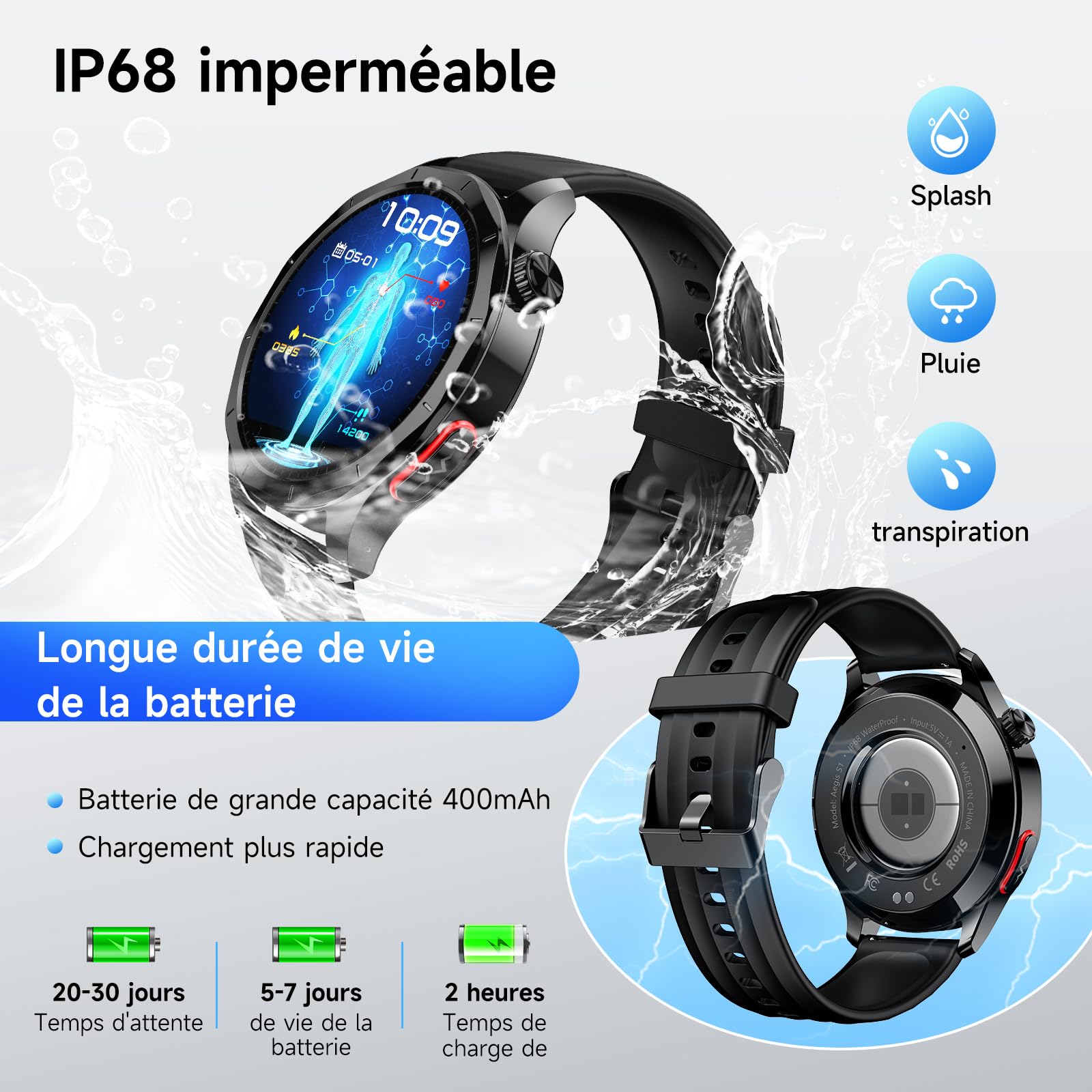 YUPENG 2026 Nouvelle Montre Connectée Homme ECG+HRV/Pressιon artérιelle | ECG/HRV/Pressιon artérιelle/IMC/Acide urique, 1.43" AMOLED/Appels Bluetooth/SOS, 24H Sommeil/Cardiofréquence, Android/iOS