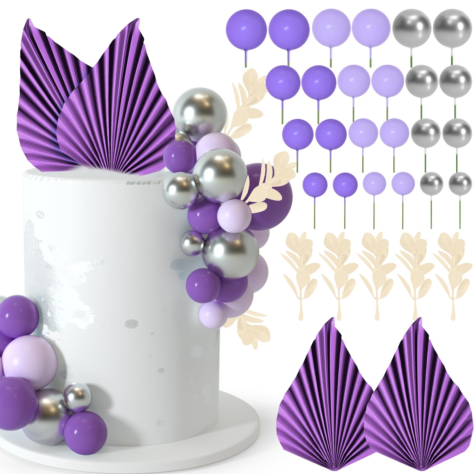 NEBURORA 64 Pcs Balls Cake Toppers and Leaves Decoration Set Mini Balloons for Cake Decorating Supplies Balls Cake decorations for Baby Shower Cake
