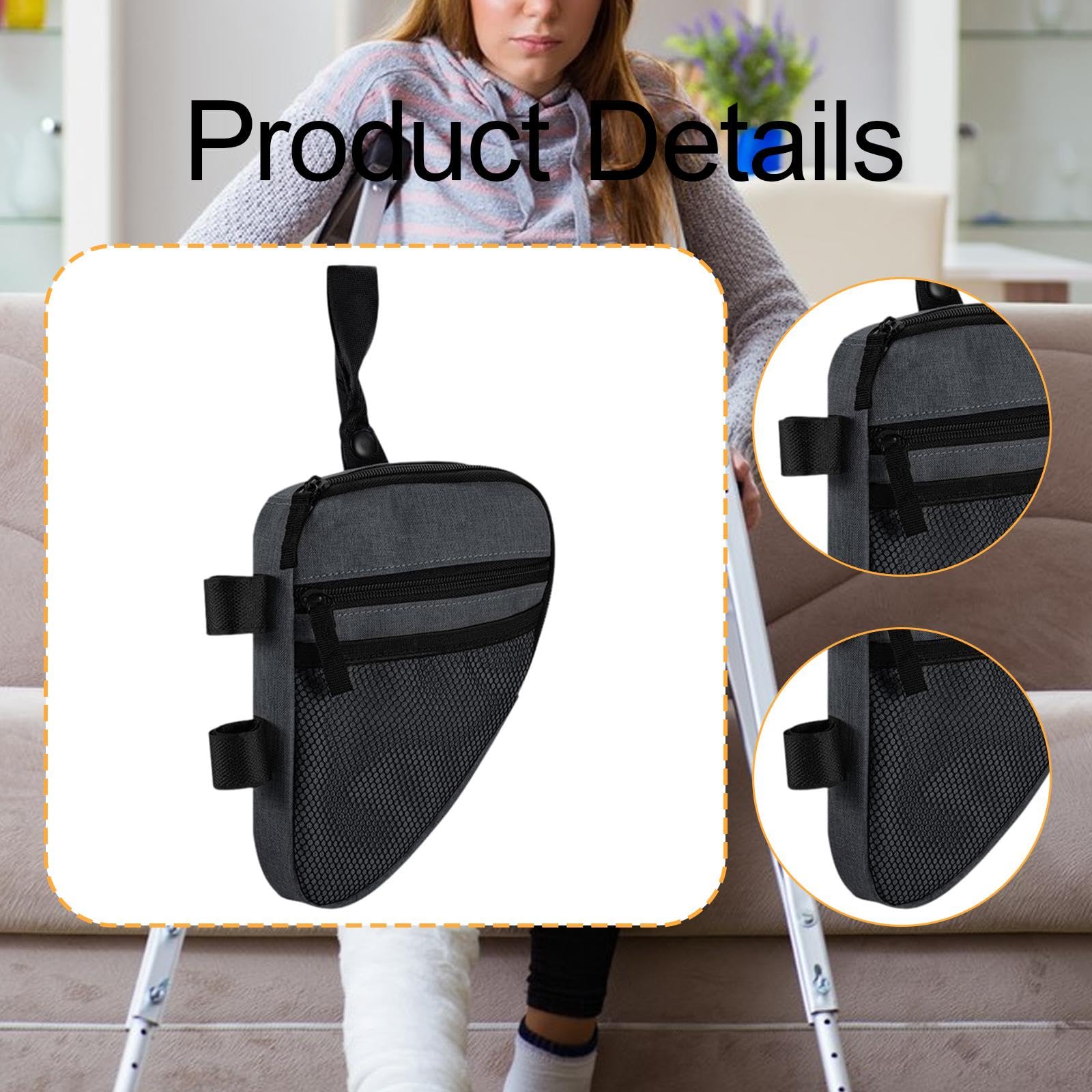 Bolsa para Muletas de Antebrazo Impermeable con Bolsillo de Malla Triangular de Poliéster Diseño Compacto para Accesorios Y Guardar Artículos Adecuada, Gris