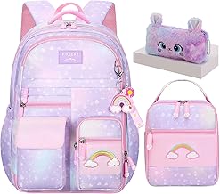 3Pcs Kids Backpack For Girls,Cute Rainbow Student School Backpack With Lunch Bag Pen Bag Set (Purple Medium 16.5in