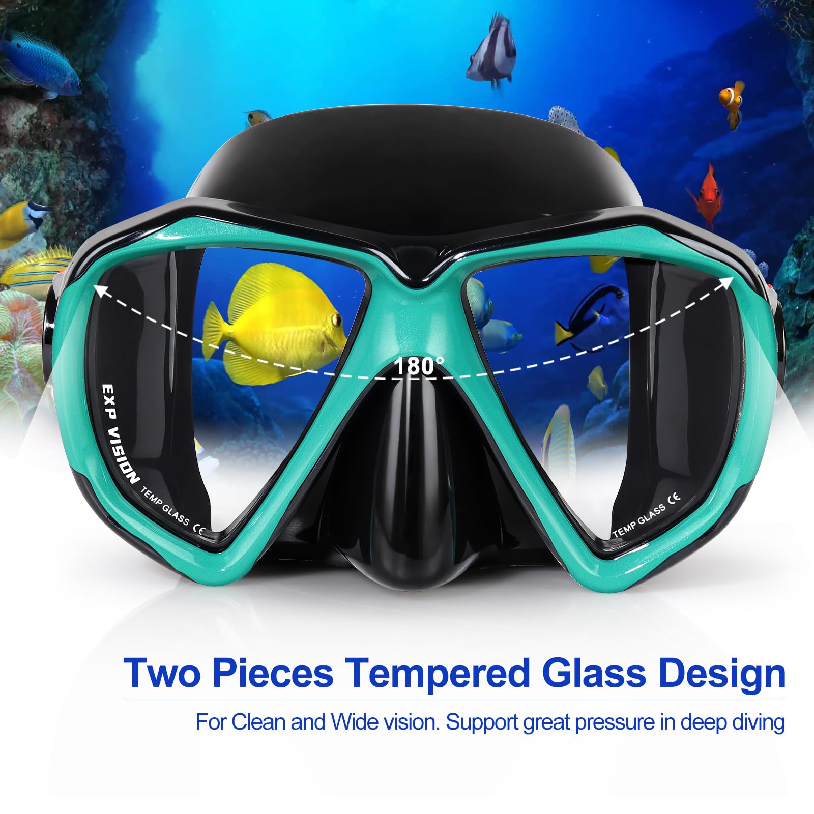Schnorchel-Tauchmaske, Panorama-HD-Schwimmmaske, Anti-Beschlag-Tauchbrille, gehärtetes Glas, Tauchmaske für Erwachsene, Jugendliche, Schwimmbrille mit Nasenabdeckung zum Tauchen, Schnorcheln