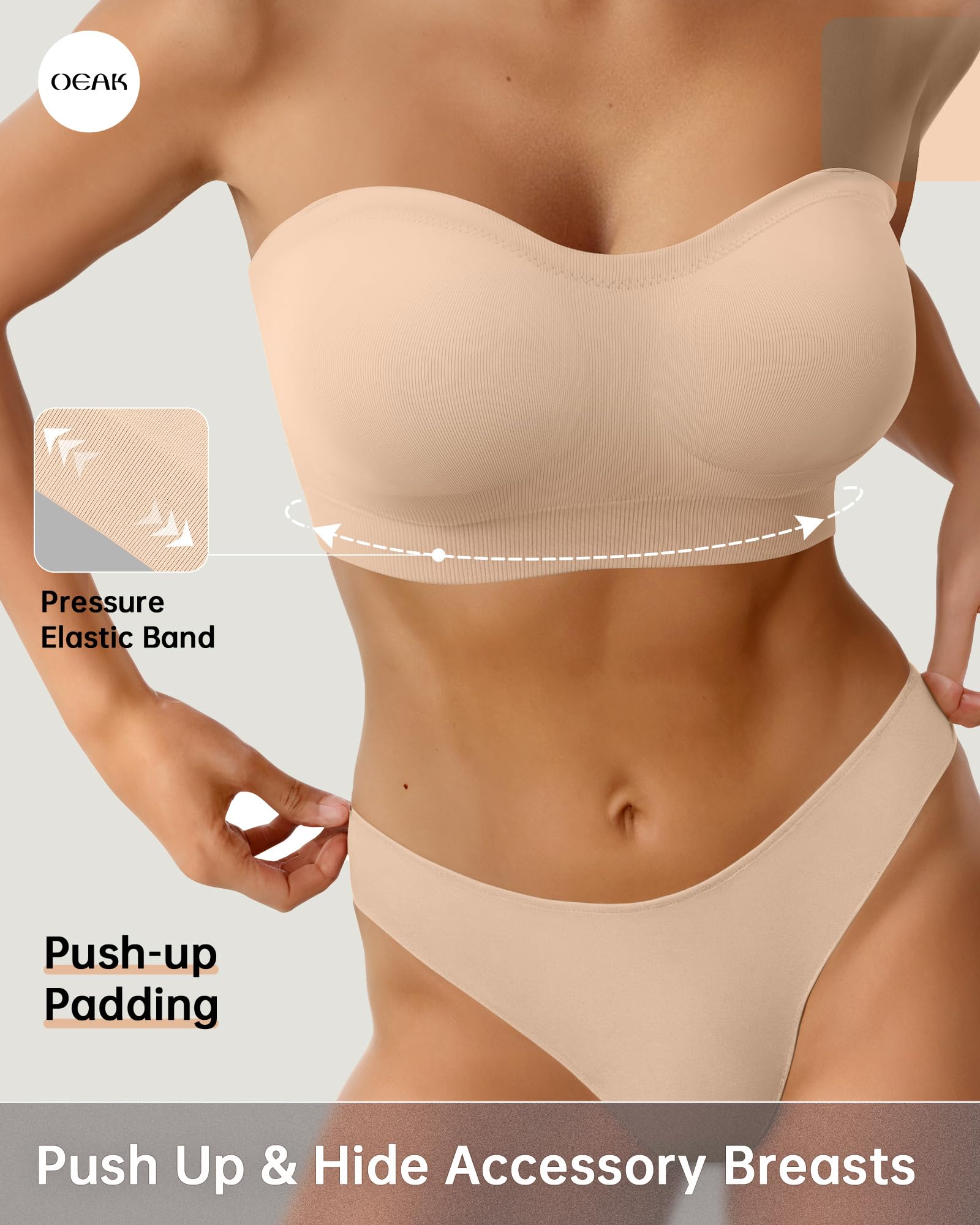 OEAK Soutien-gorge bandeau sans bretelles pour femme - Soutien-gorge bandeau antidérapant - Soutien-gorge push-up sans couture - Soutien-gorge rembourré confortable