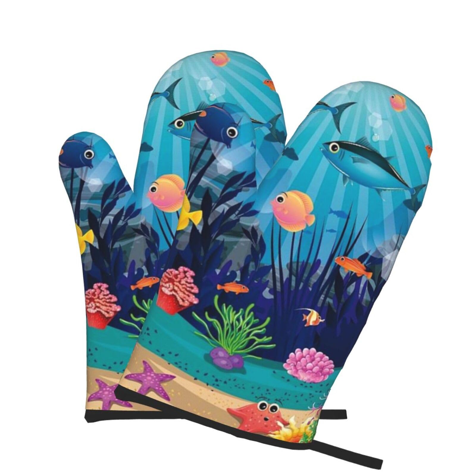 Oven Mitts Set of 2 Pcs, The Underwater World Tropical Fish Prints Heat Resistant Kitchen Gloves for Cooking Baking Grilling