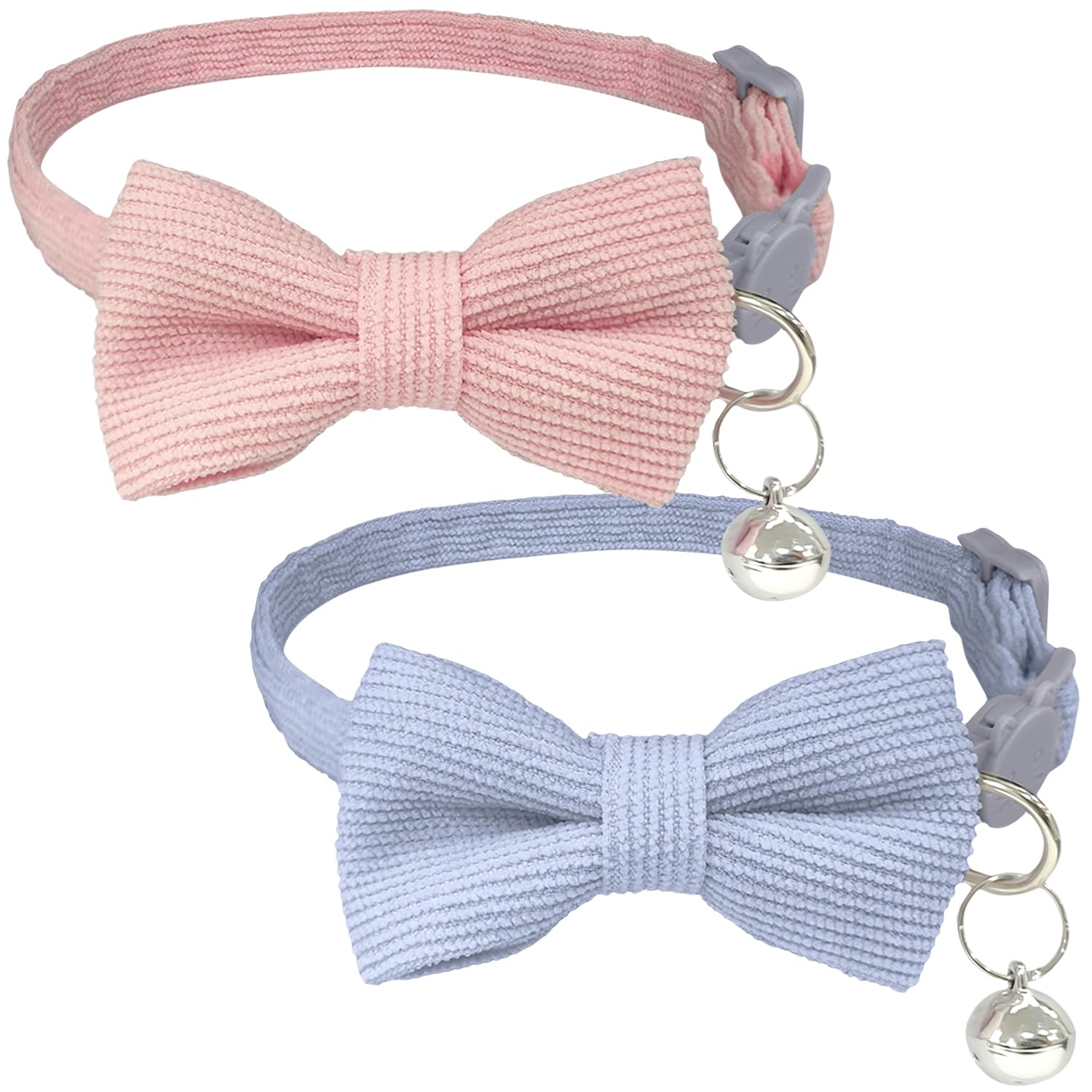 2 Uds. Collar para Gato con Lazo y Cascabel, Corduroy Suave con Cierre de Seguridad, Liberación Rápida para Gatitos (Rosa, Azul Claro)