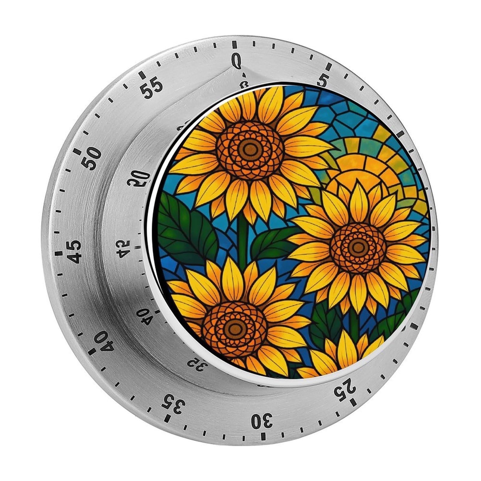 Sunflower Stained Glass 60 Minute Wind Up Timer,Visual Mechanical Magnetic Timer with Loud Alarm for Kitchen