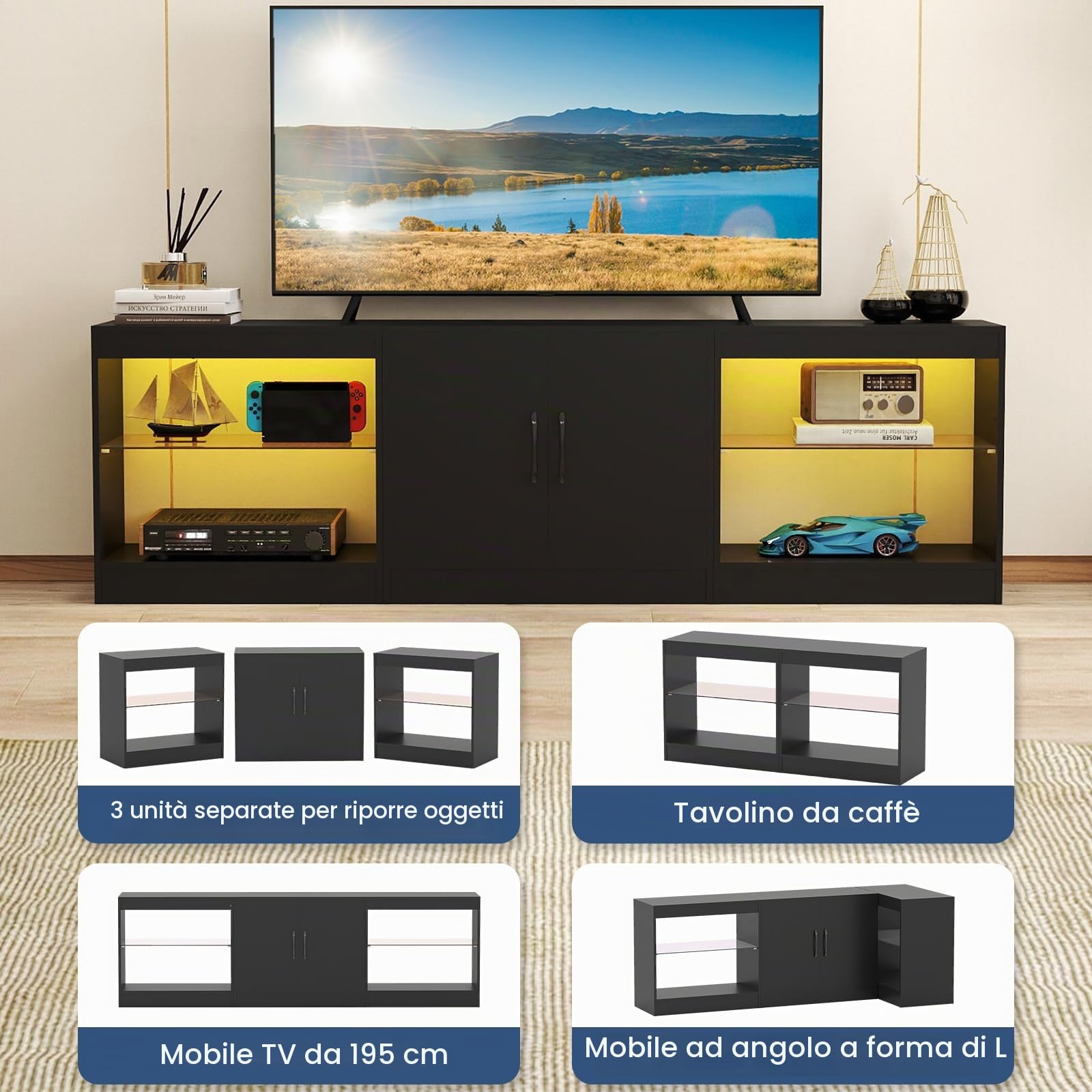 KOMFOTTEU Mobile TV da 85" 3 in 1 con Luci LED, Mobiletto porta Televisori Liberamente Combinabile da 3 Pezzi, con Ripiani in Vetro Regolabili, per Soggiorno, Camera da Letto, 195x30x55cm (Nero)