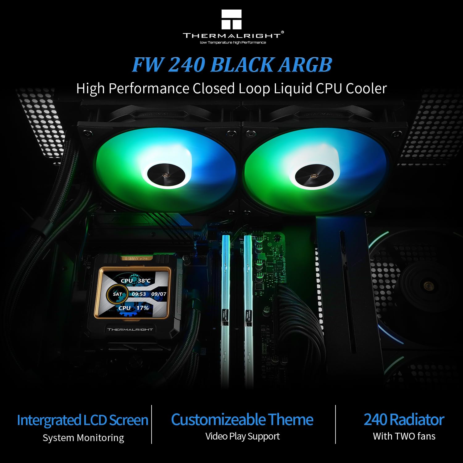 TR -FW240 - Enfriador de agua para CPU ARGB negro con 3 ventiladores PWM con 2000 RPM, pantalla LCD IPS con resolución de 320 x 240, enfriador líquido de CPU con pantalla LCD de 2.4 pulgadas