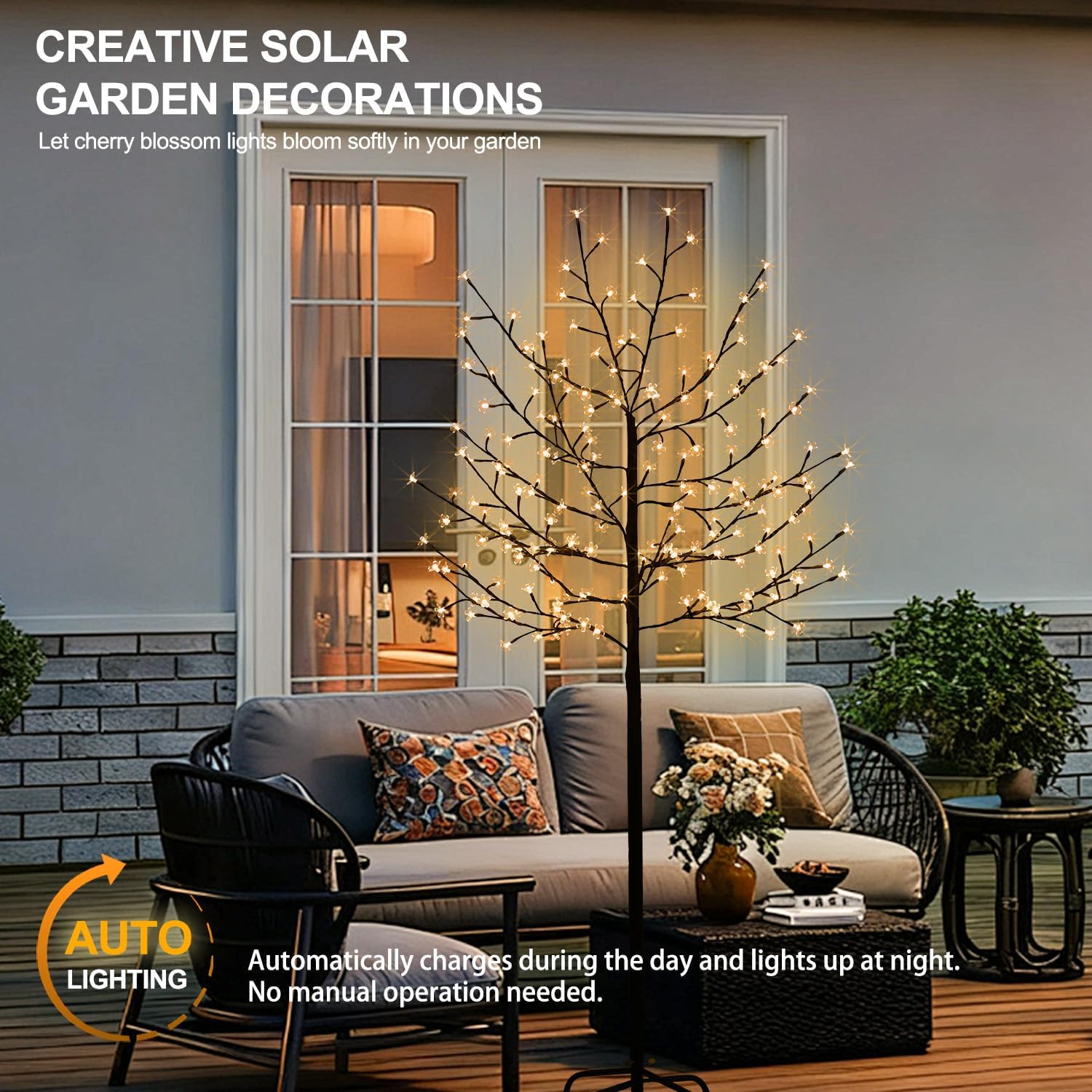 Solar Lighted Cherry Blossom Tree, 6 Feet 200LED Light Up Artificial Cherry Tree with Detachable Crystal Flower for Outdoor Porch Home Wedding Holiday Decoration (Warm White)