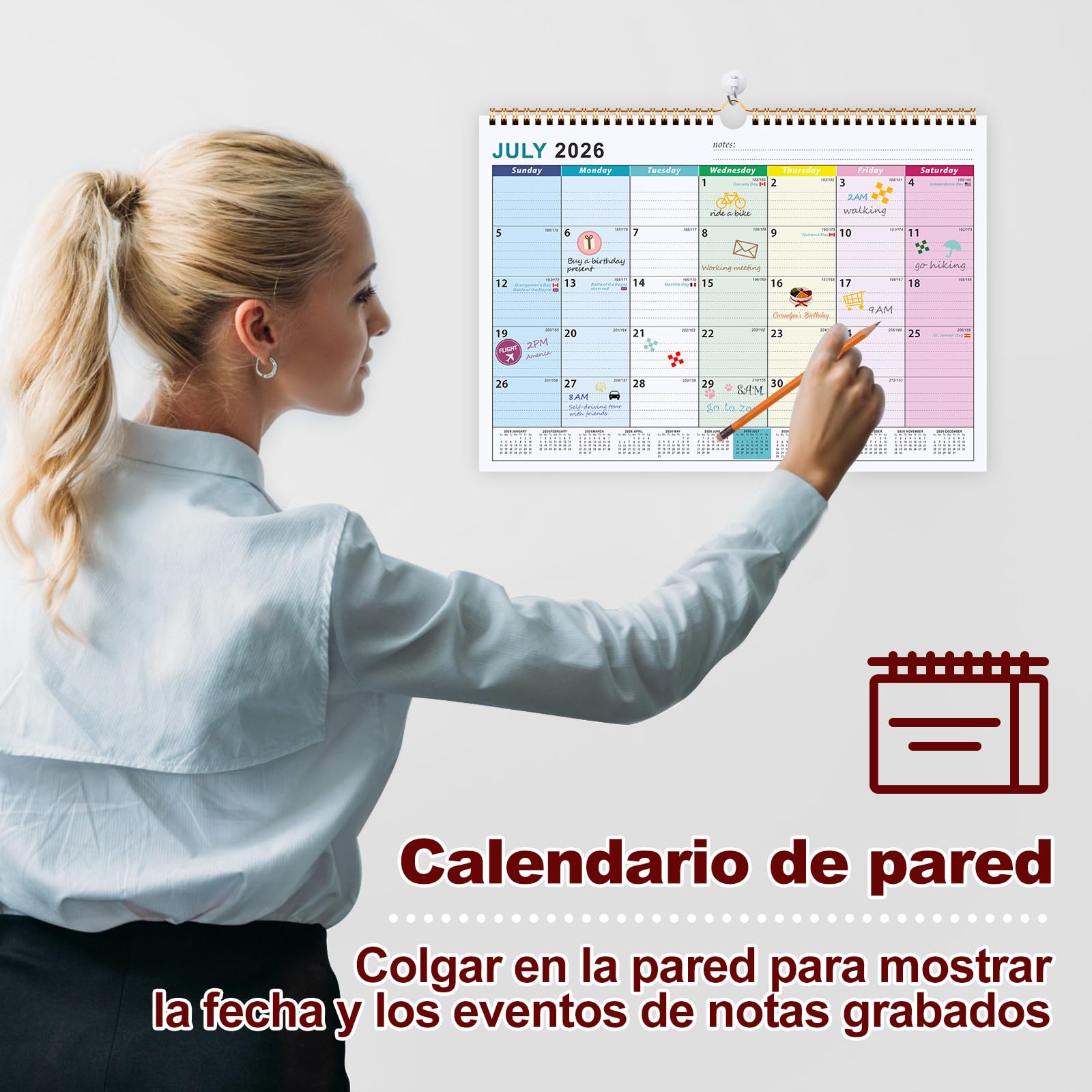 Benjia Calendario de pared 18 meses, calendar de mesa Julio 2026 - Diciembre ​​2027, A4 calendari planificador mensual, agenda calendario niños escolar 2026/2027 pared (Coloridas)