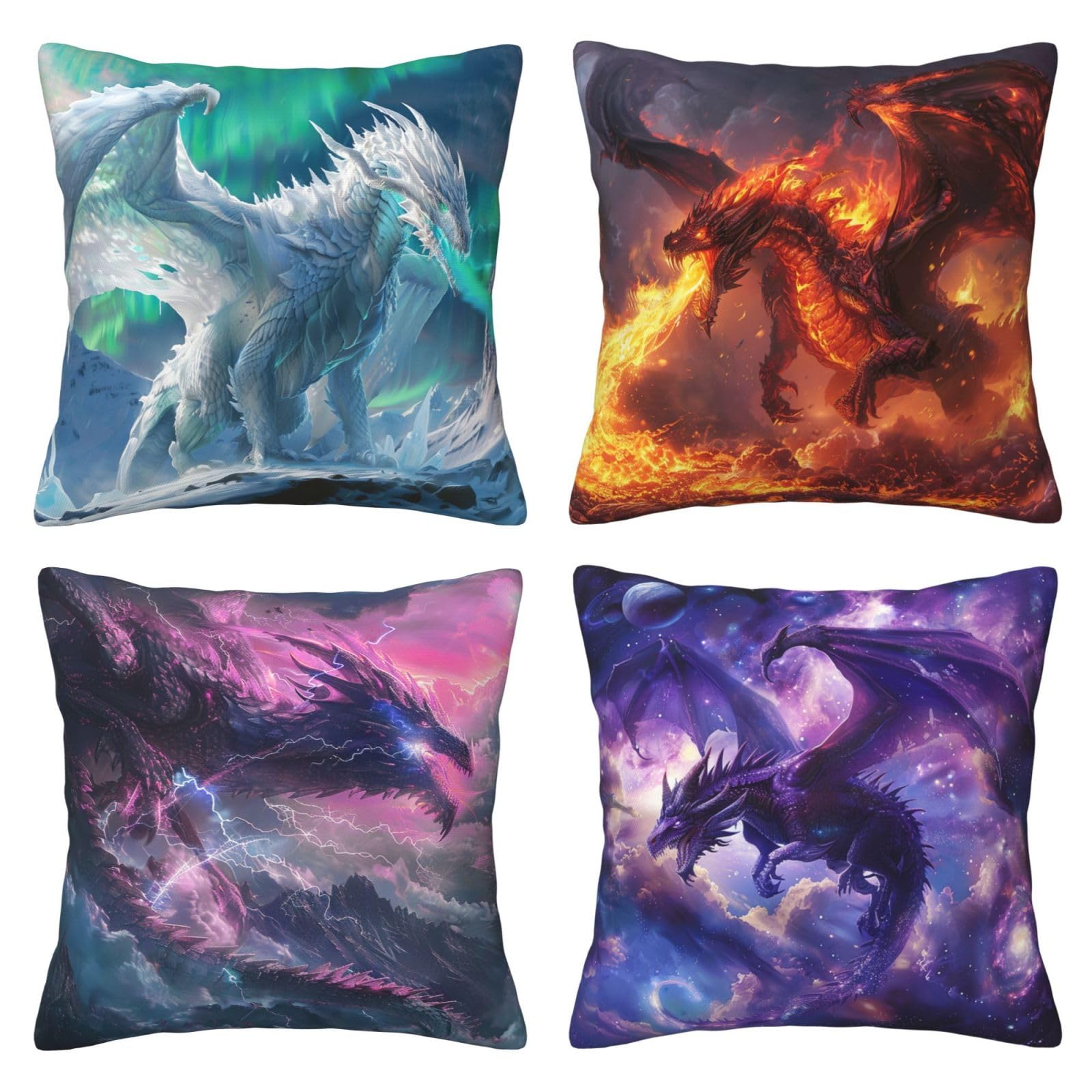 Dragon Throw Pillow Covers Set of 4 Cool Animal Decor Pillowcase Fire Dragon Ice Dragon Thunder Dragon Magic Dragon Cushion Case Pillow Decorative for Couch Sofa Home Office Outdoors 18x18 Inch