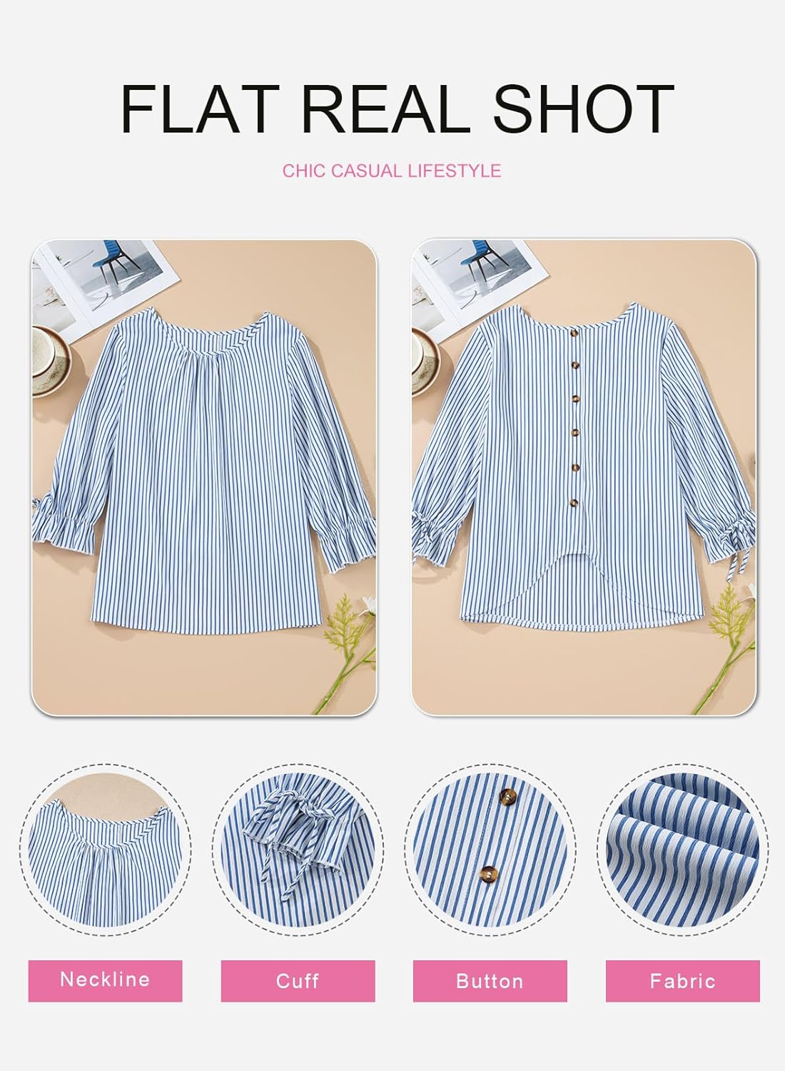SHEWIN Womens Blouses Summer Striped Crewneck 3/4 Tie Sleeve Tops with Button Decoration On Back - Image 5