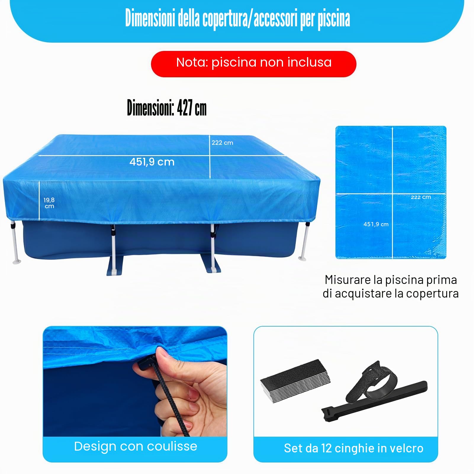Telone per piscina rettangolare, 450 x 220 cm, rettangolare, spesso e resistente, per piscina con telaio rettangolare, antivento