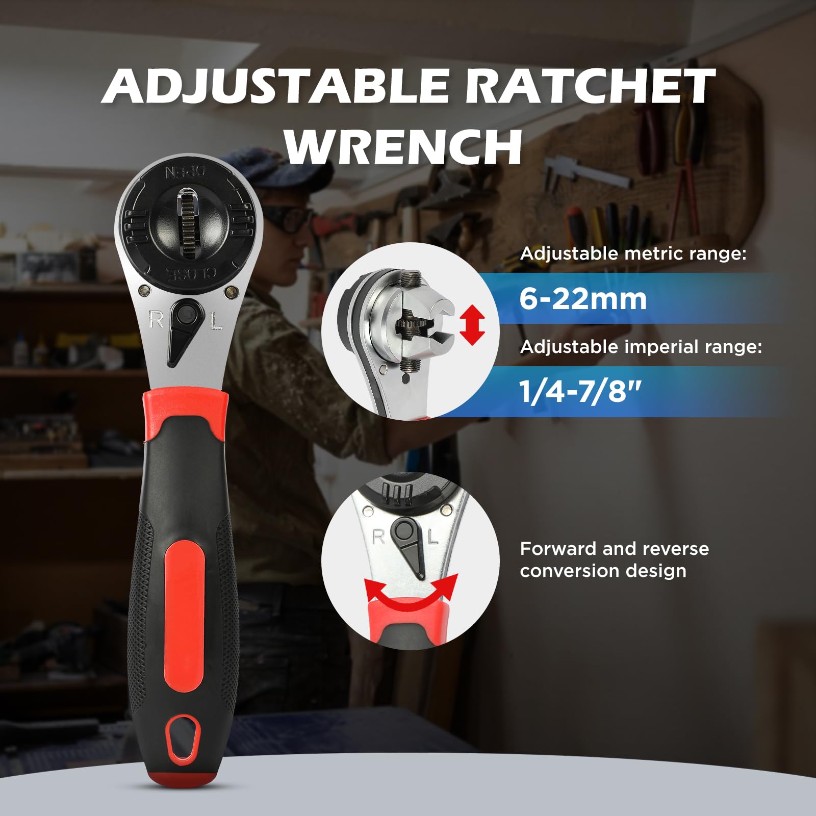 KAISAL Adjustable Ratchet Wrench for 6-22mm Screw, Multifunctional Ratchet Socket Wrench with Non-Slip Handle - Image 4