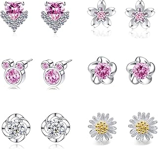6 Pairs Sterling Silver Stud Earrings for Women Girls 925 Silver Stud Earrings Tiny Flower Heart Butterfly Stud Earrings Hypoallergenic Cubic Zirconia Diamond Stud Earrings Set