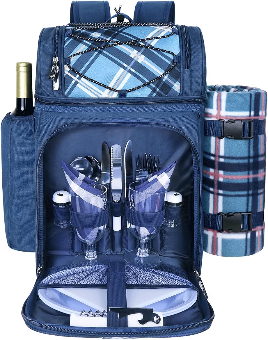 Hap Tim Picnic Basket Backpack for 2 Person with 2 Insulated Cooler Compartment, Wine Holder, Fleece Blanket, Cutlery Set, Gifts Ideals for Wedding, Housewarming, White Elephant, Bridal Showers