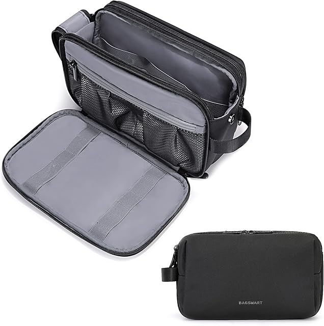 Toiletry Bag for Men, BAGSMART Travel Toiletry Organizer Dopp Kit Water-Resistant Shaving Bag for Toiletries Accessories, Large Black