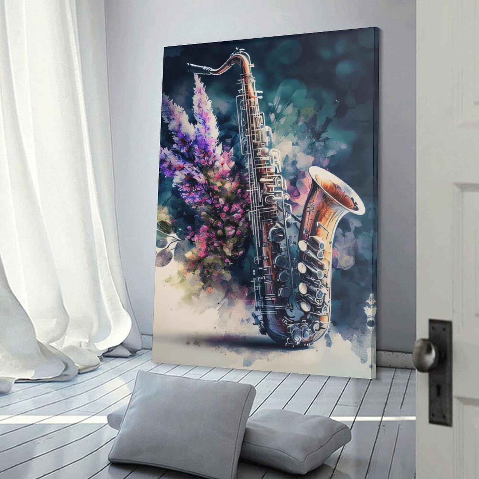 Junmoney Saxophone Watercolor Art Print Home Decor Wall Art 24x36inch(60x90cm), for Lounge, Bedroom Or Personal Spaces, Gift Idea for Housewarming And Birthdays