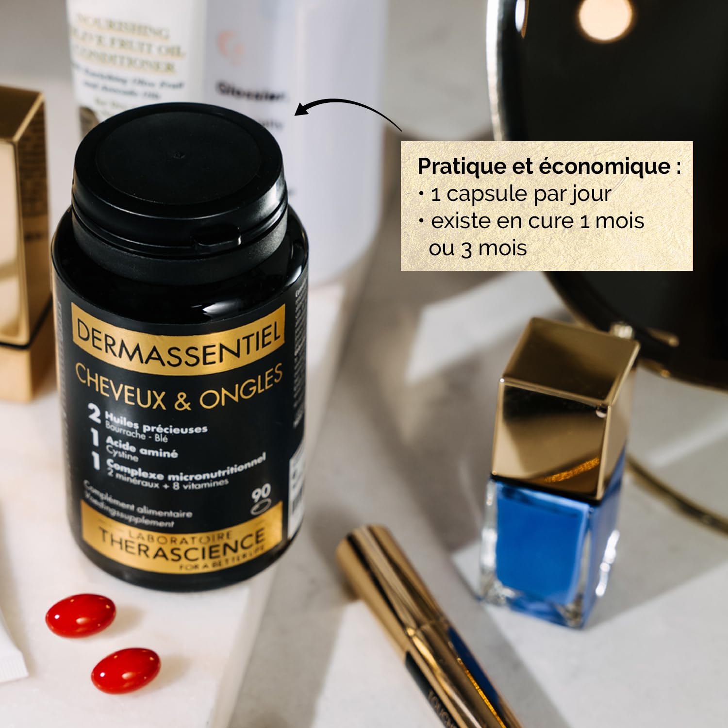 DERMASSENTIEL CHEVEUX & ONGLES | Nourrit & Fortifie | Cure 3 mois | 13 nutriments essentiels | Acide-γ-Linolénique et Céramides | Vitamines B6 & B8 | Cystine | 90 Capsules | Laboratoire THERASCIENCE