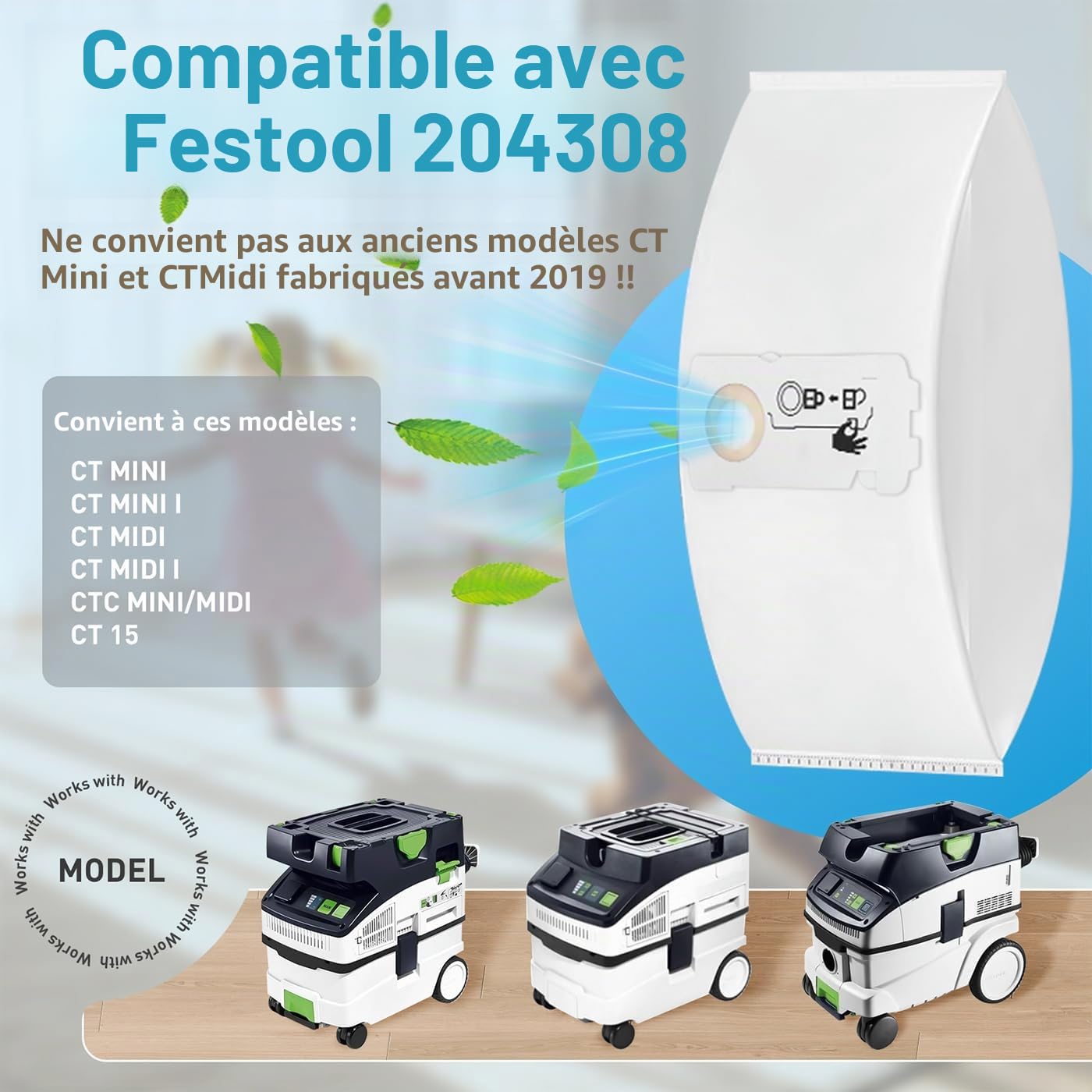Lot de 12 sacs filtrants SELFCLEAN SC-FIS-CT MINI/MIDI-2/5 compatibles avec les sacs d'aspirateur Festool CT Mini/CT Midi/CT Midi I/CTC Mini/Midi/CT 15, à partir de l'année de construction 2019
