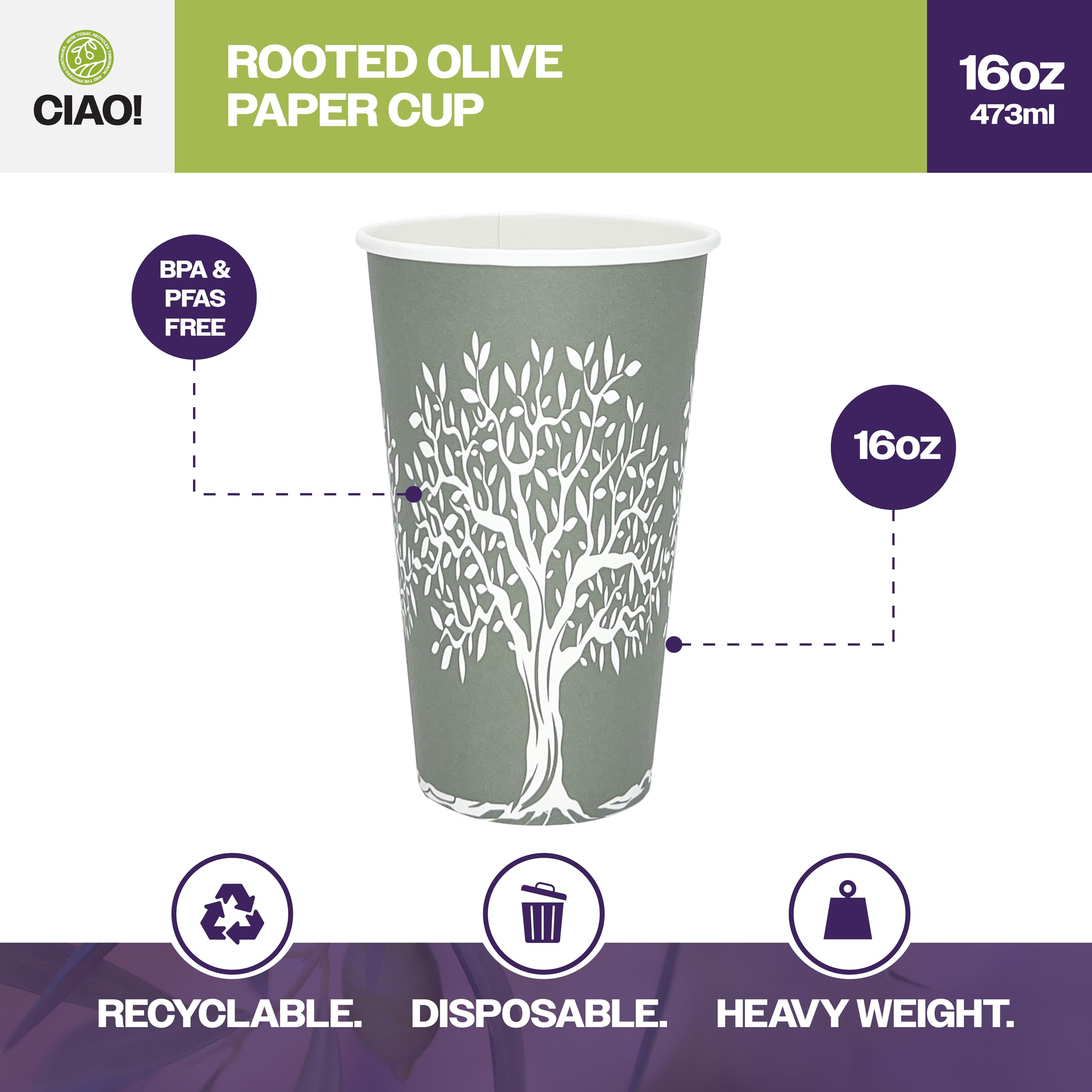 CIAO! 16oz Paper Hot Cup, Rooted Olive Print, (Case of 1,000)