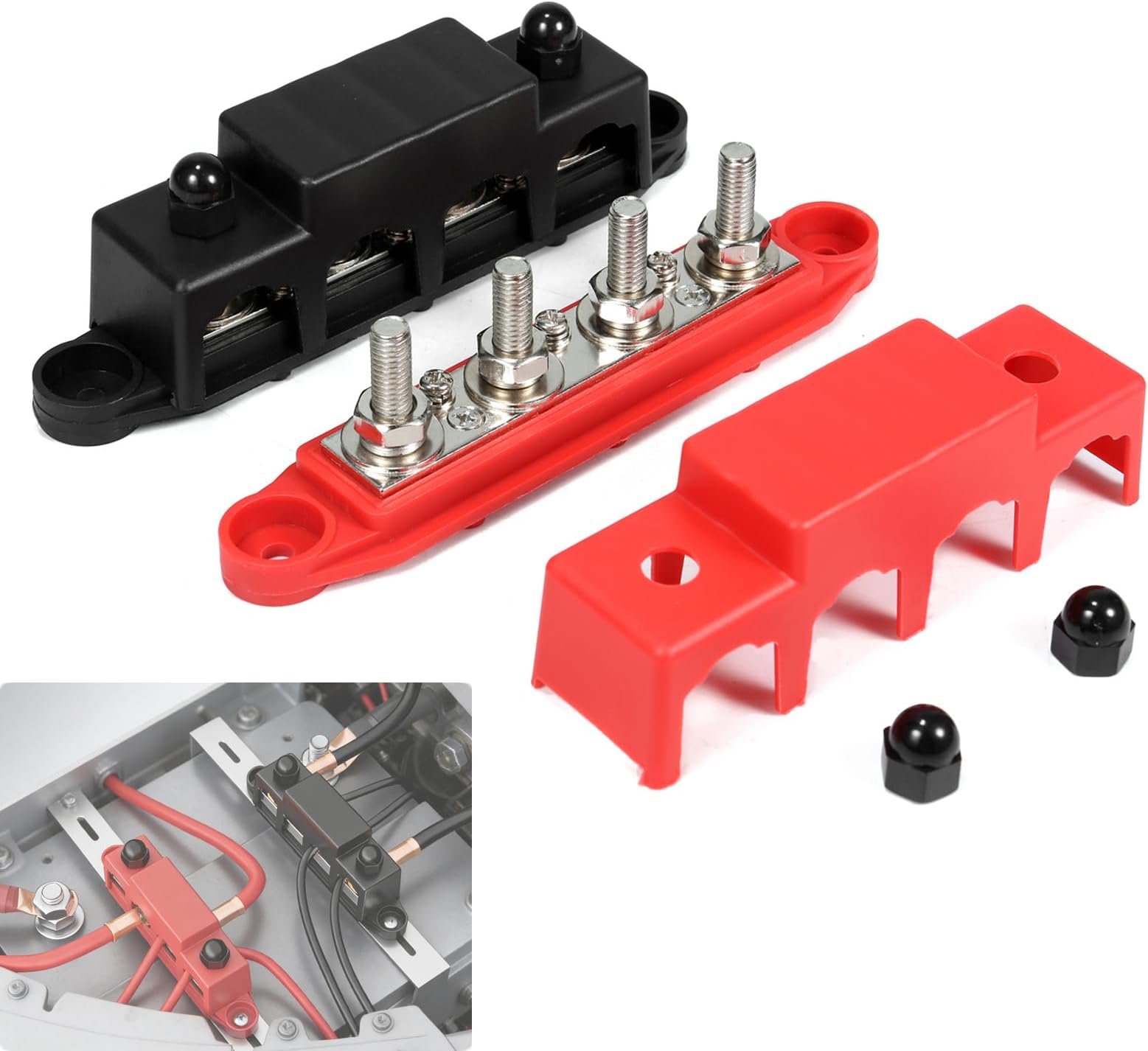 12V-48V DC Bus Bar Power Distribution Block 5/16" (M8) 4 Studs Heavy Duty Busbar Stud Terminal Junction Block with Cover and Ring Terminals 250 Amp for Cars RVs Ships Yachts (Red+Black)