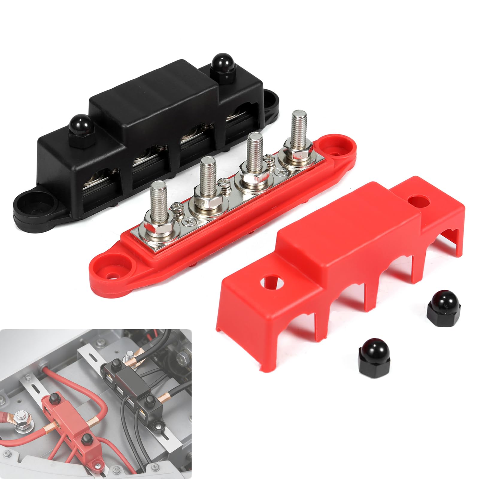 12V-48V DC Bus Bar Power Distribution Block 5/16" (M8) 4 Studs Heavy Duty Busbar Stud Terminal Junction Block with Cover and Ring Terminals 250 Amp for Cars RVs Ships Yachts (Red+Black)