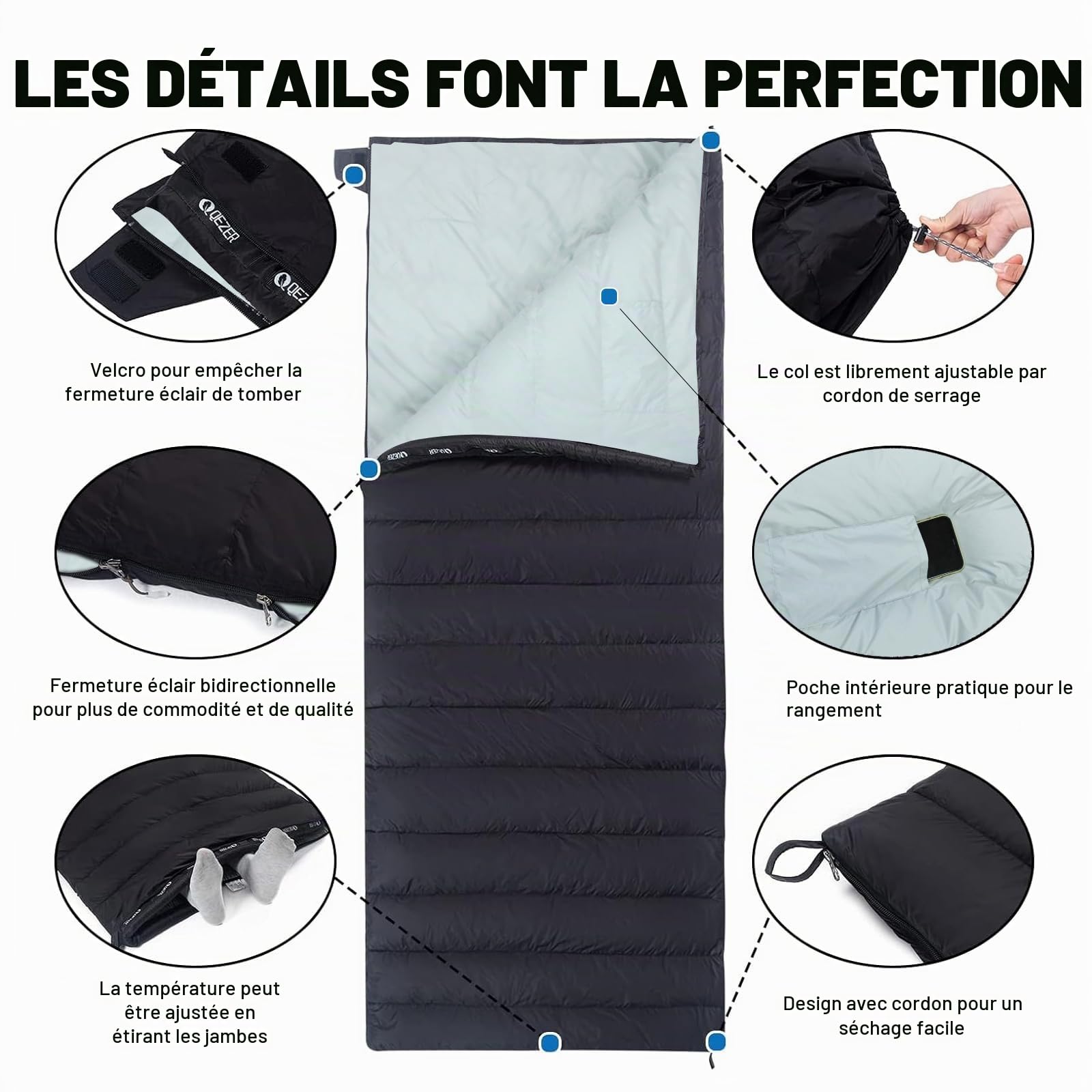 Sac de Couchage en Duvet Ultra léger - Petit encombrement Une Fois replié - pour Le Camping et Le Trekking - 3 à 4 Saisons - Extérieur et intérieur