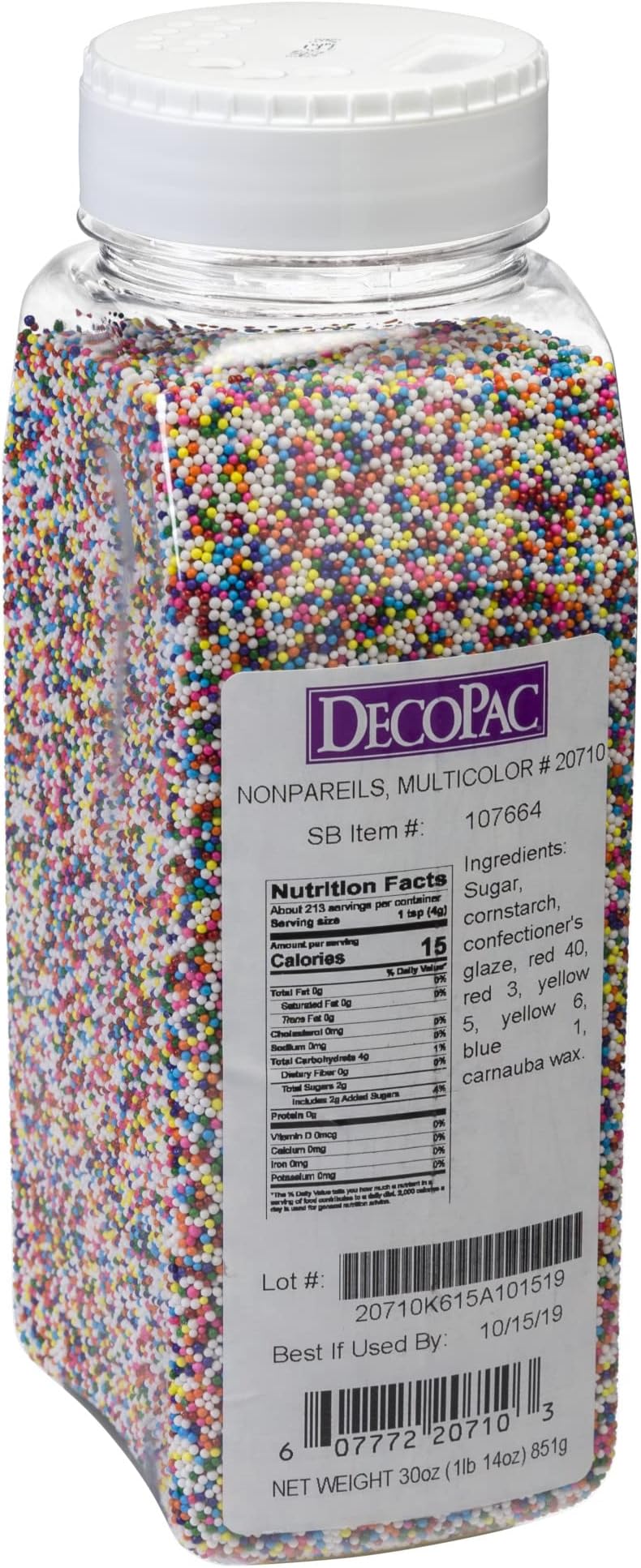 DECOPAC Multi-Colored Nonpareils, 30oz/85g, Fancy Sprinkles in Handheld Container, Edible Sprinkles For Celebration Cakes, Cupcakes, Cookies and Donuts In Rainbow Colors