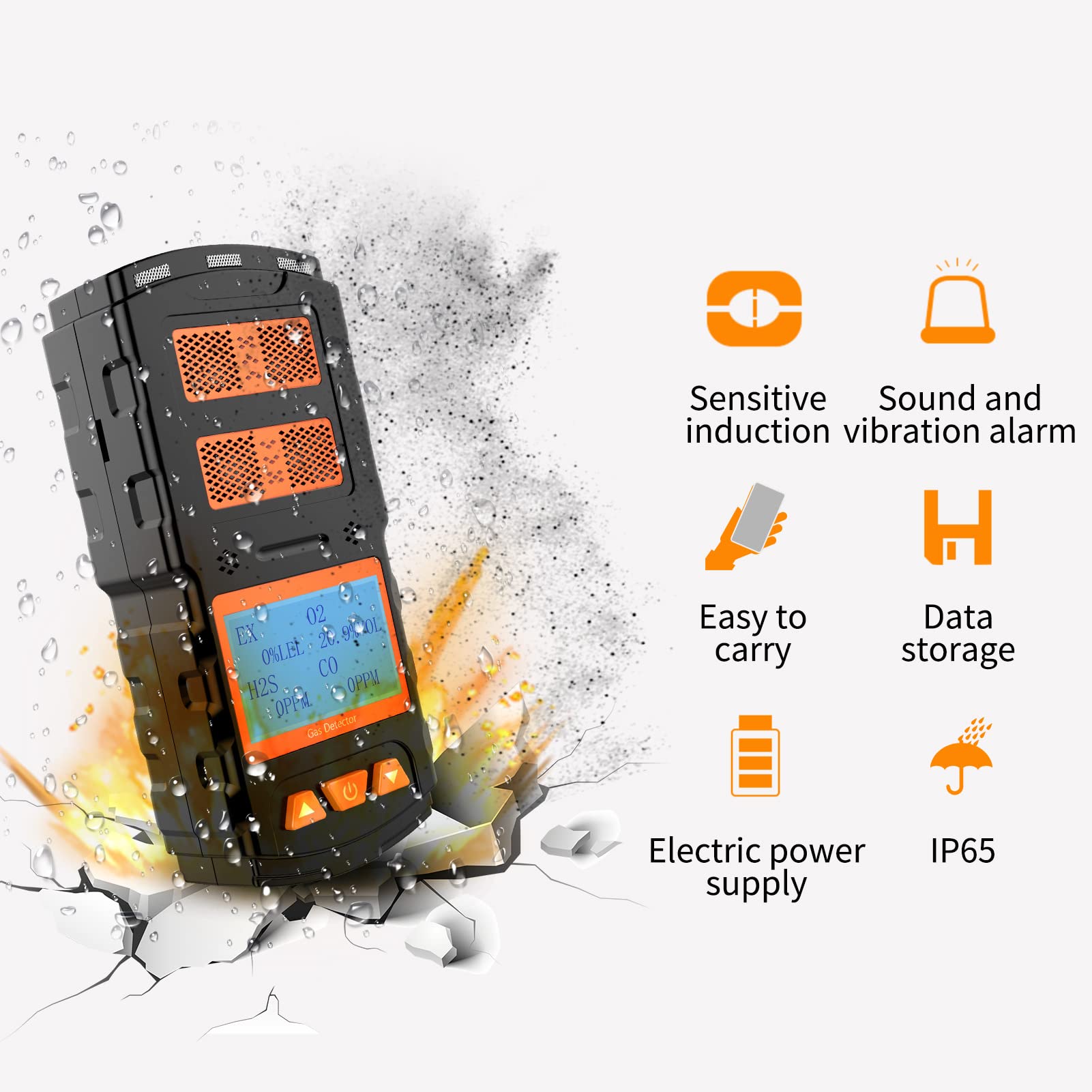 Detector de Gas, Recargable 4 Monitor de Gas H2S CO O2 EX con Pantalla LCD Digital, Alarma de Vibración de Luz de Sonido, Personal 4 en 1 Medidor de Gases Múltiples