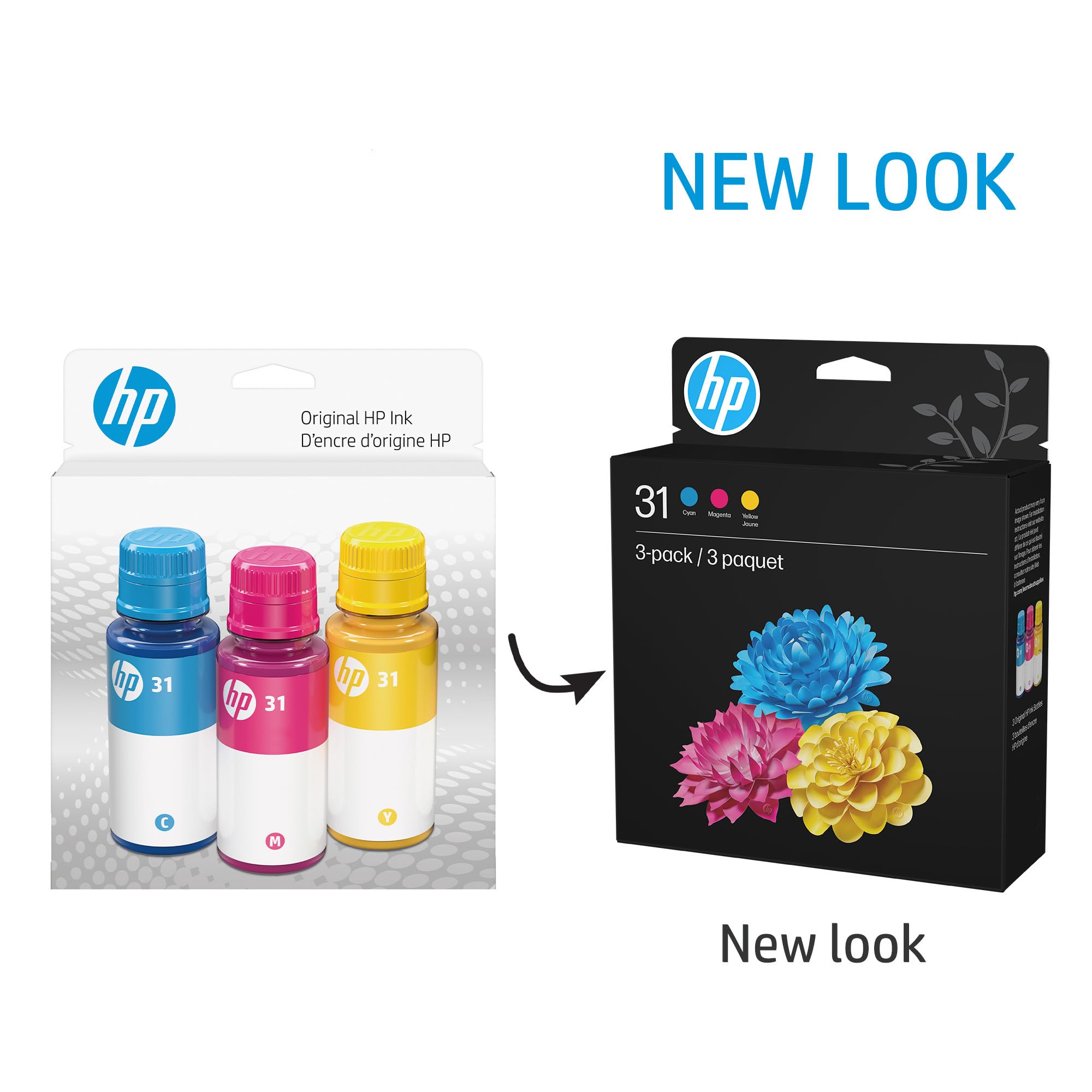 HP 31 bouteilles d'encre cyan, magenta, jaune (lot de 3) | Works Smart Tank 5000, 6000, 7000 Series ; Smart Tank Plus 500, 600 Series | 9C228AN | L'emballage peut varier