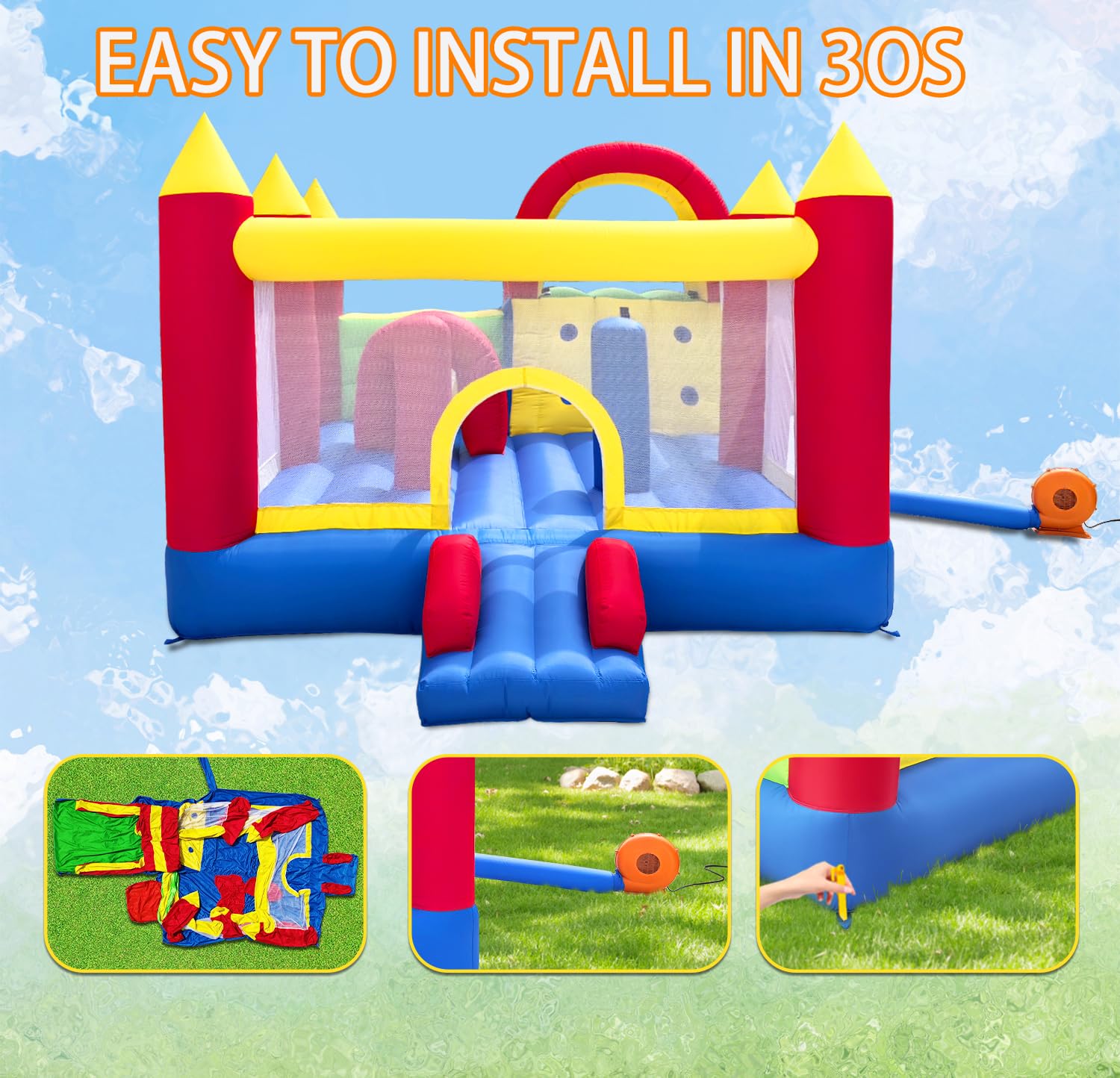 Ballsea Hüpfburg XXL - Riesiges aufblasbares Schloss mit großer Rutsche und Trampolin, 592x290x216 cm - Ideal für Kindergeburtstag und Garten (ohne Gebläse)